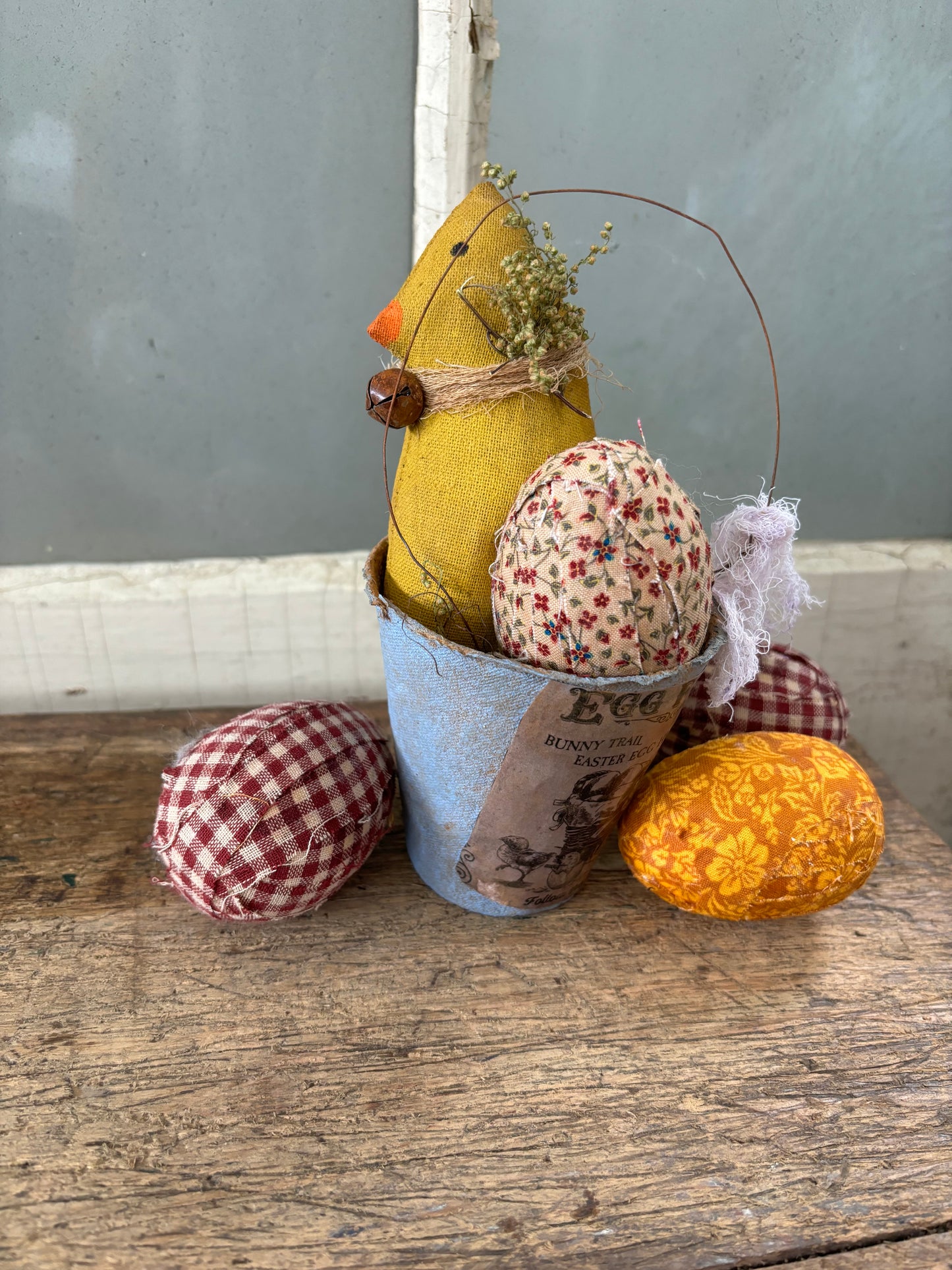 Primitive Easter Spring Bunny Egg, Primitive Handmade Easter Egg, Primitive Spring Chick and Peat Pot Display