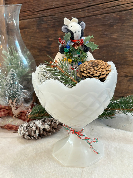 Vintage Christmas Tree Tabletop Arrangement Centerpiece in Milk Glass Vase, Christmas Vignette display, Vintage Christmas Scene Mid Century Christmas, Holiday Gift