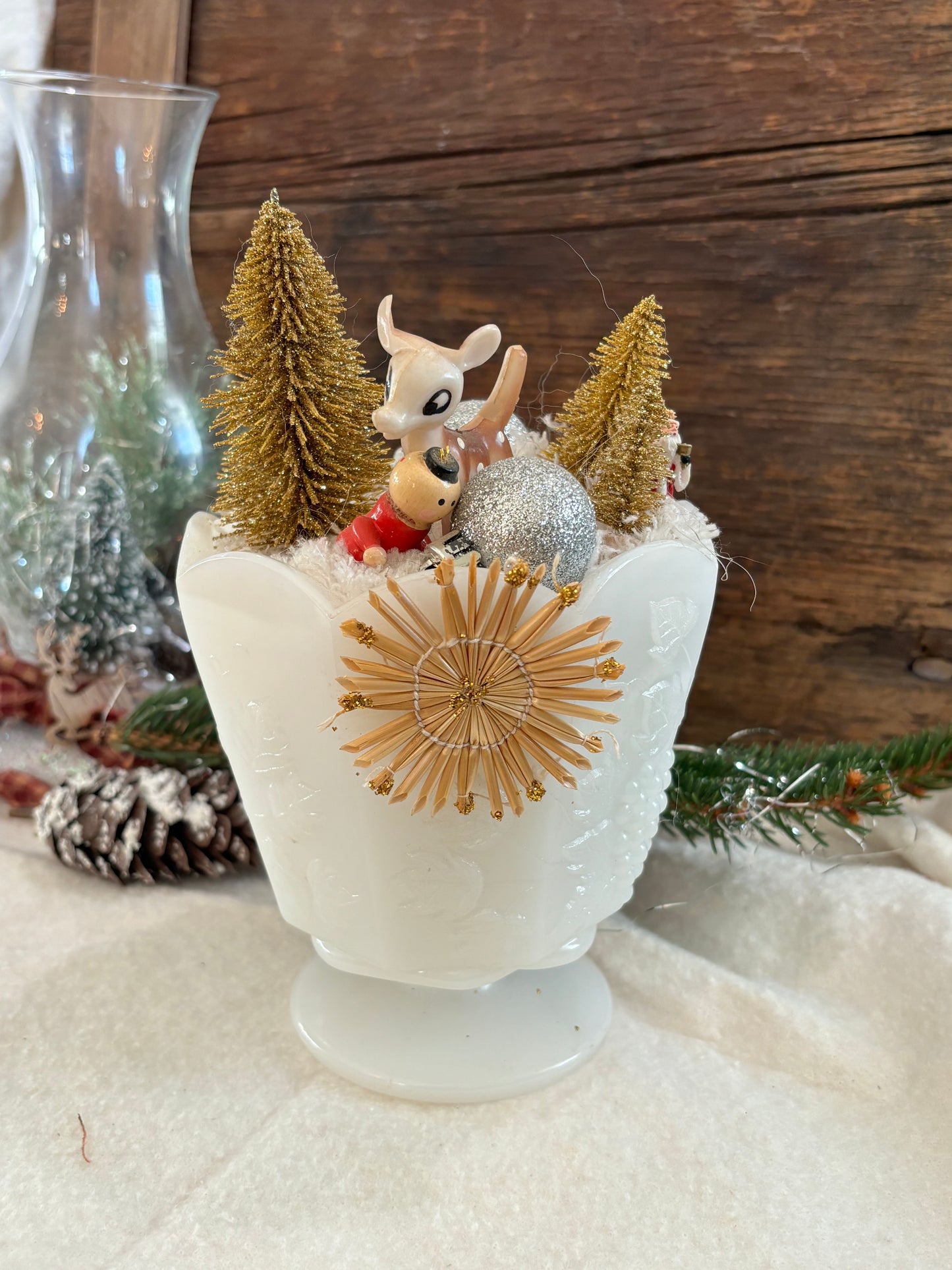 Vintage Christmas Tree Tabletop Arrangement Centerpiece in Milk Glass Vase, Christmas Vignette display, Vintage Christmas Scene Mid Century Christmas, Holiday Gift