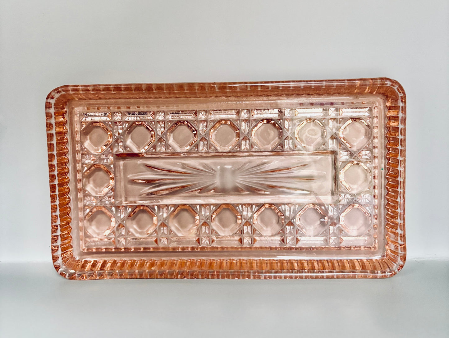 Vintage Windsor Pink plate - Federal Glass Button and Cane pattern- trinket rectangular plate