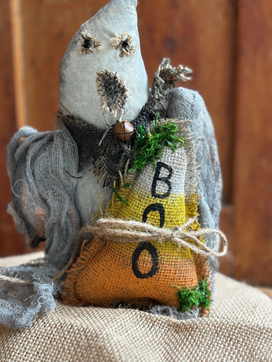 Handmade Primitive Folk Art Ghost with Candy Corn