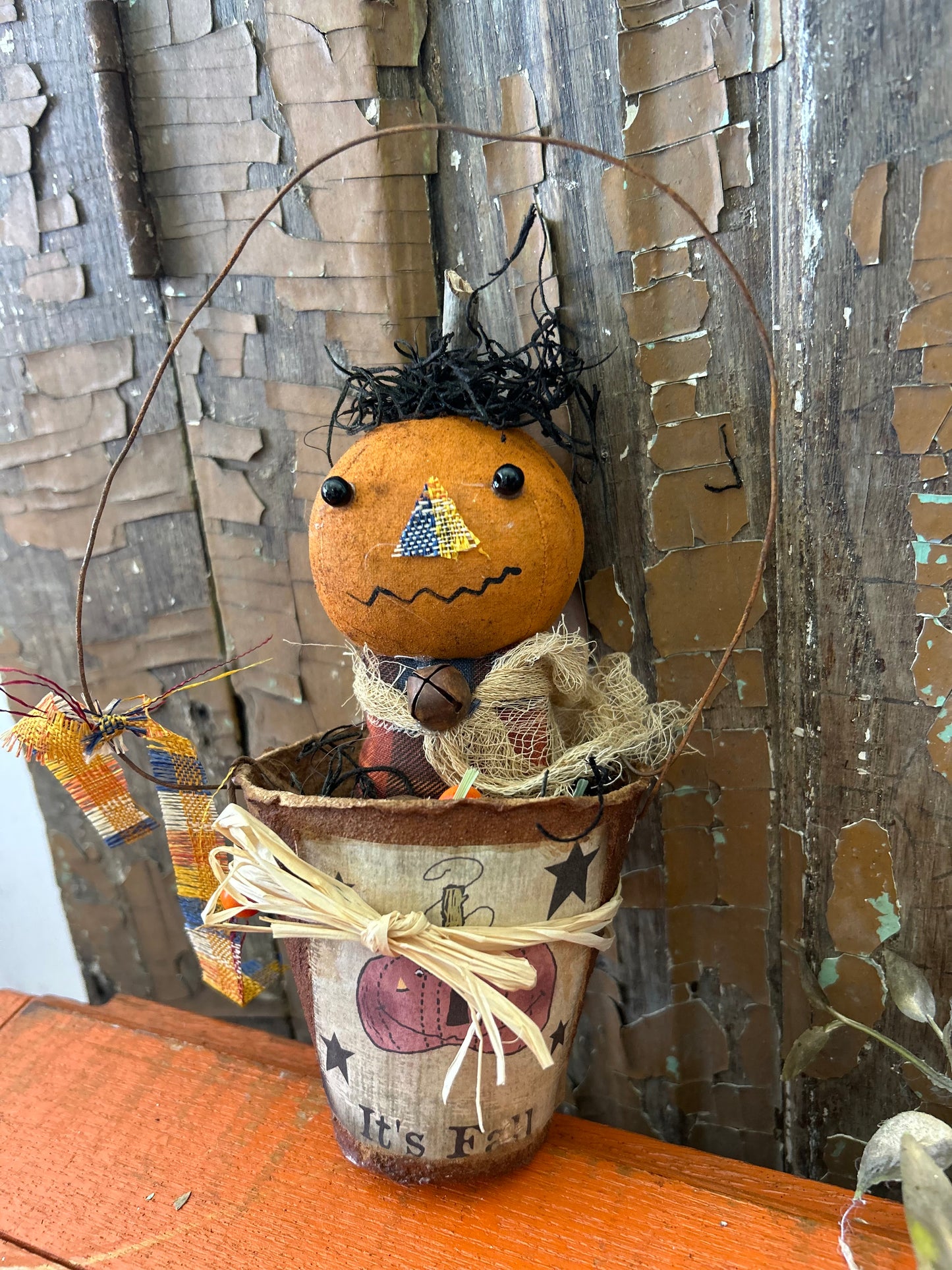 Primitive Pumpkin Patch Scarecrow Doll, Primitive Pumpkin Decor, Grubby Bucket Pumpkin Man, Fall and Autumn Decor, Folk Art