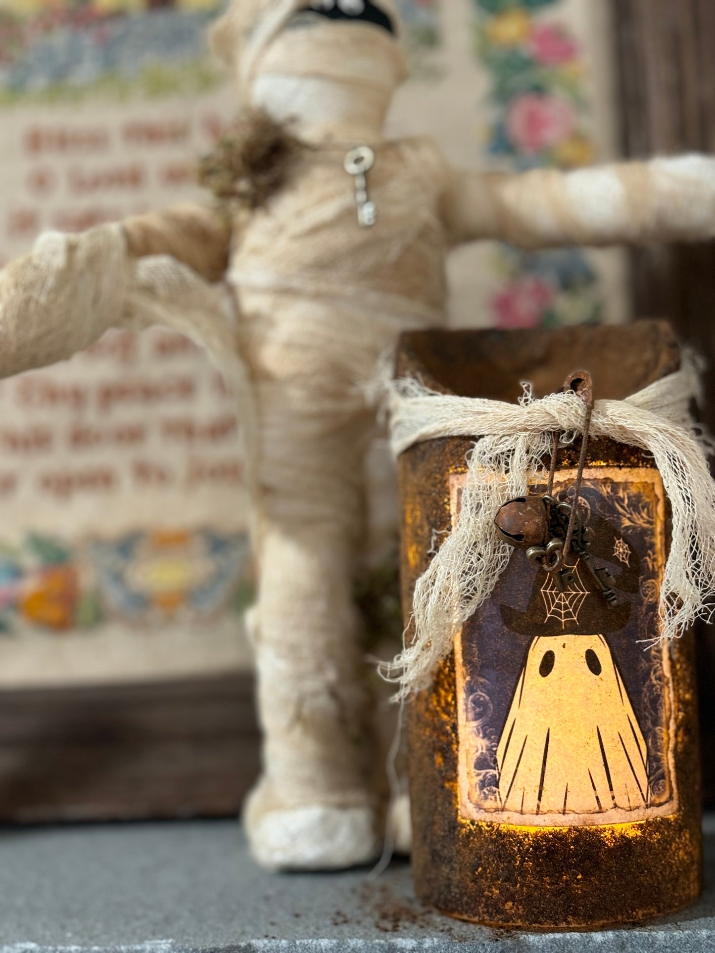 Primitive Halloween Grubby Pillar Candle, Battery Operated Primitive Candle, Handmade Grubby Candle, Autumn Decor, Halloween Ghost Decor