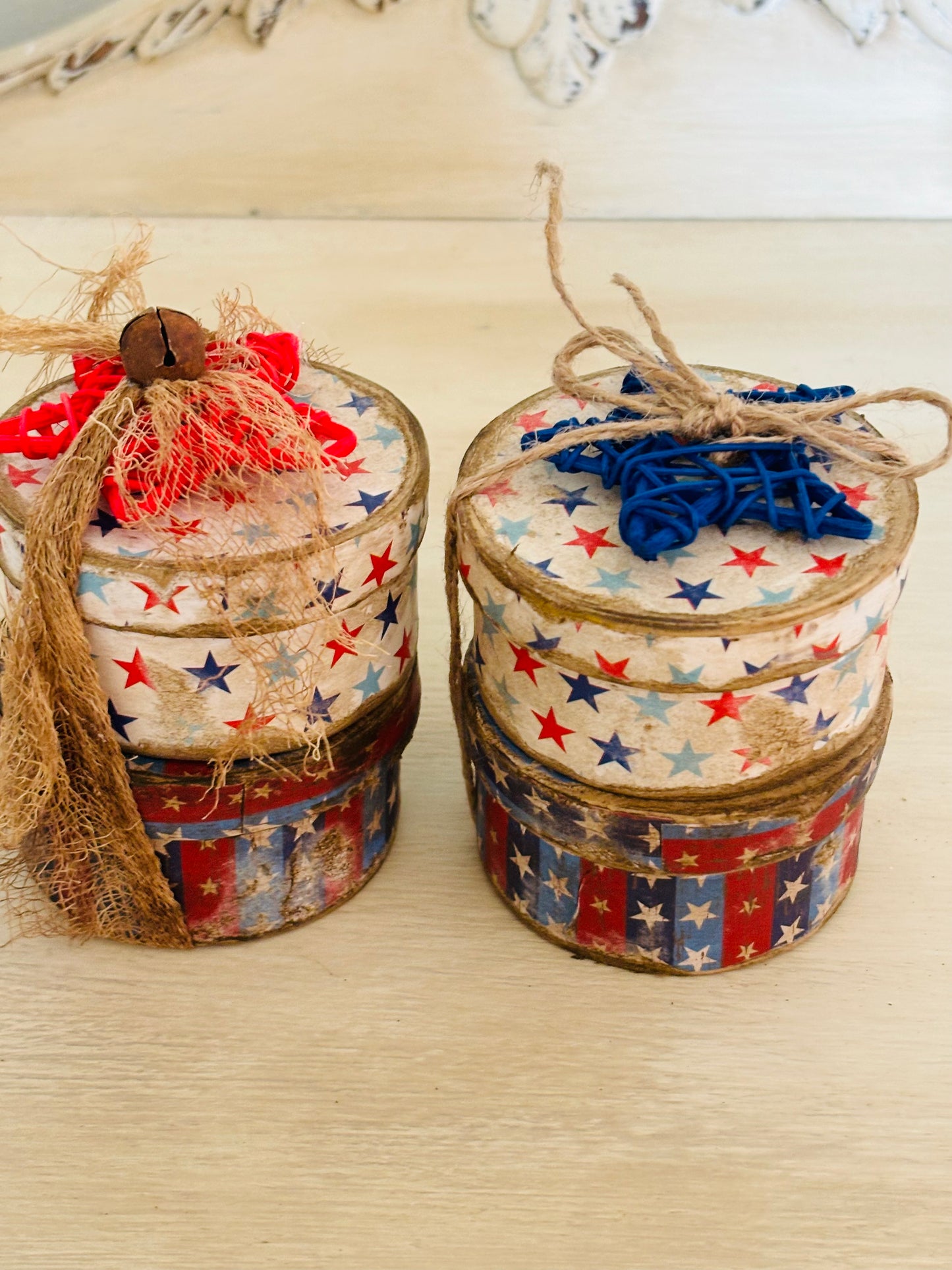 Primitive Handmade Americana Patriotic Stacking Boxes, Patriotic Paper Mache Shaker Boxes, Patriotic Stacking Box, Fourth of July Decor