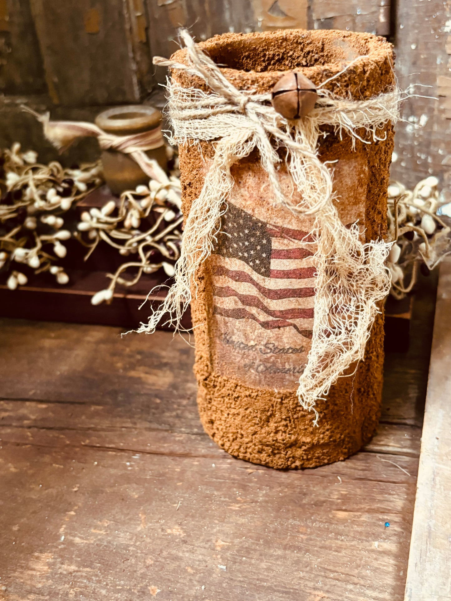 Primitive Patriotic Grubby Pillar Candle, Battery Operated Primitive Candle, Handmade Grubby Candle, Farmhouse Decor, Americana Patriotic