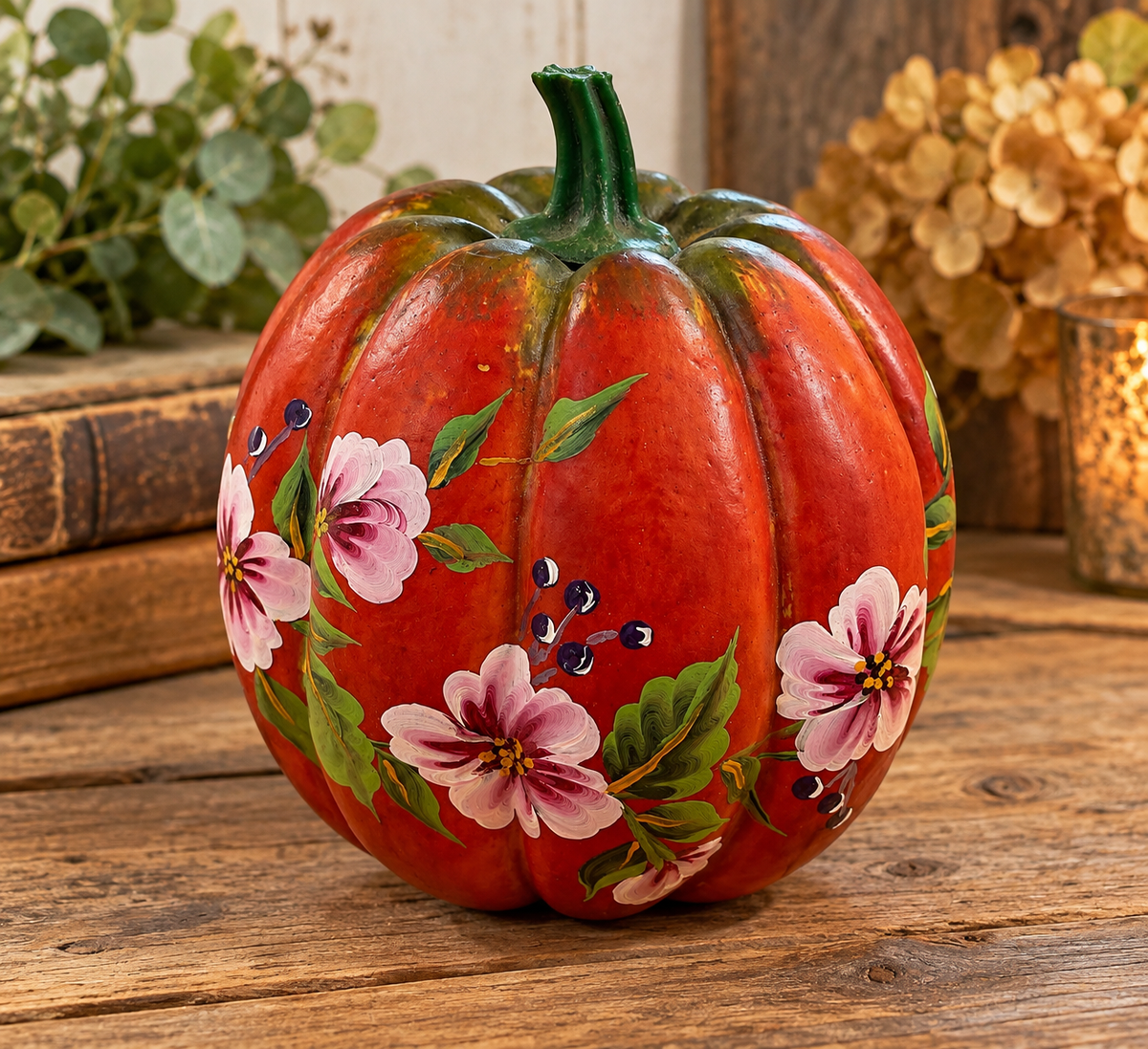 Hand Painted Floral Pumpkin Fall Decor Red Orange Folk Art Autumn Decoration