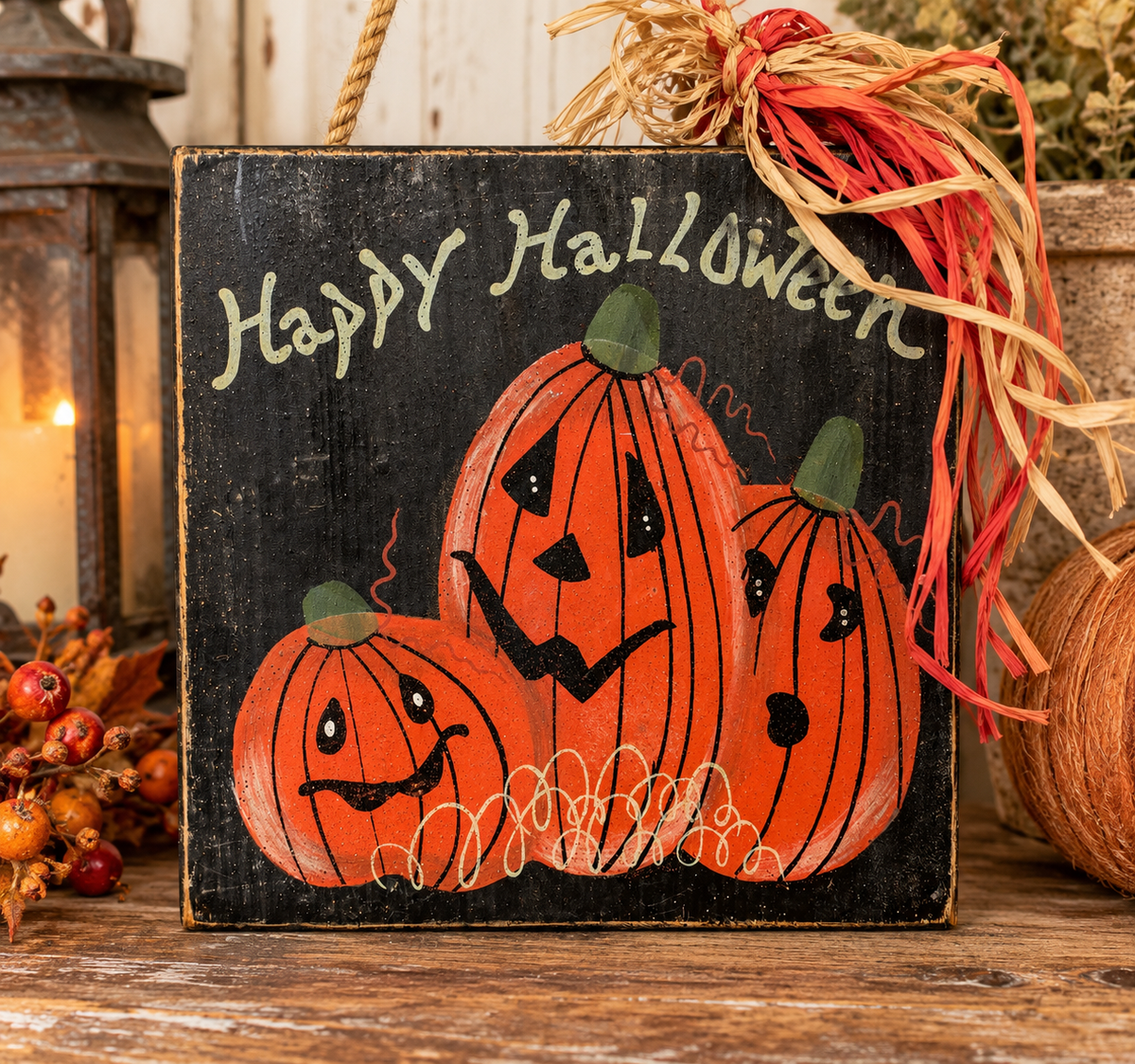 Primitive Halloween Pumpkin Wood Sign Hand Painted Jack O Lantern Rustic Fall Door Hanger Farmhouse Decor
