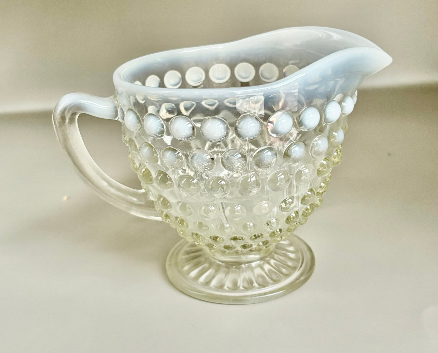 Vintage Fenton White Opalescent Moonstone Hobnail Glass Creamer Pitcher, Rare Fenton Signed