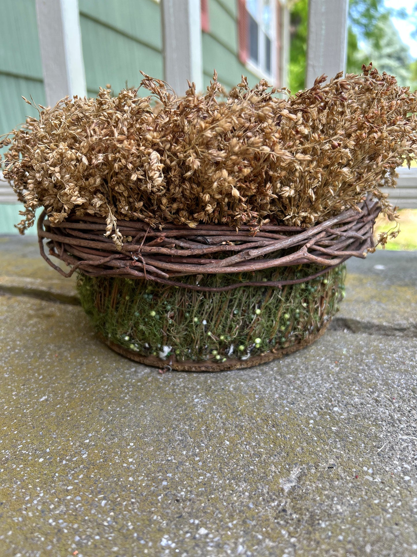 Handmade Primitive Flax Wreath Basket, Wicker Basket, Decorative Summer Basket