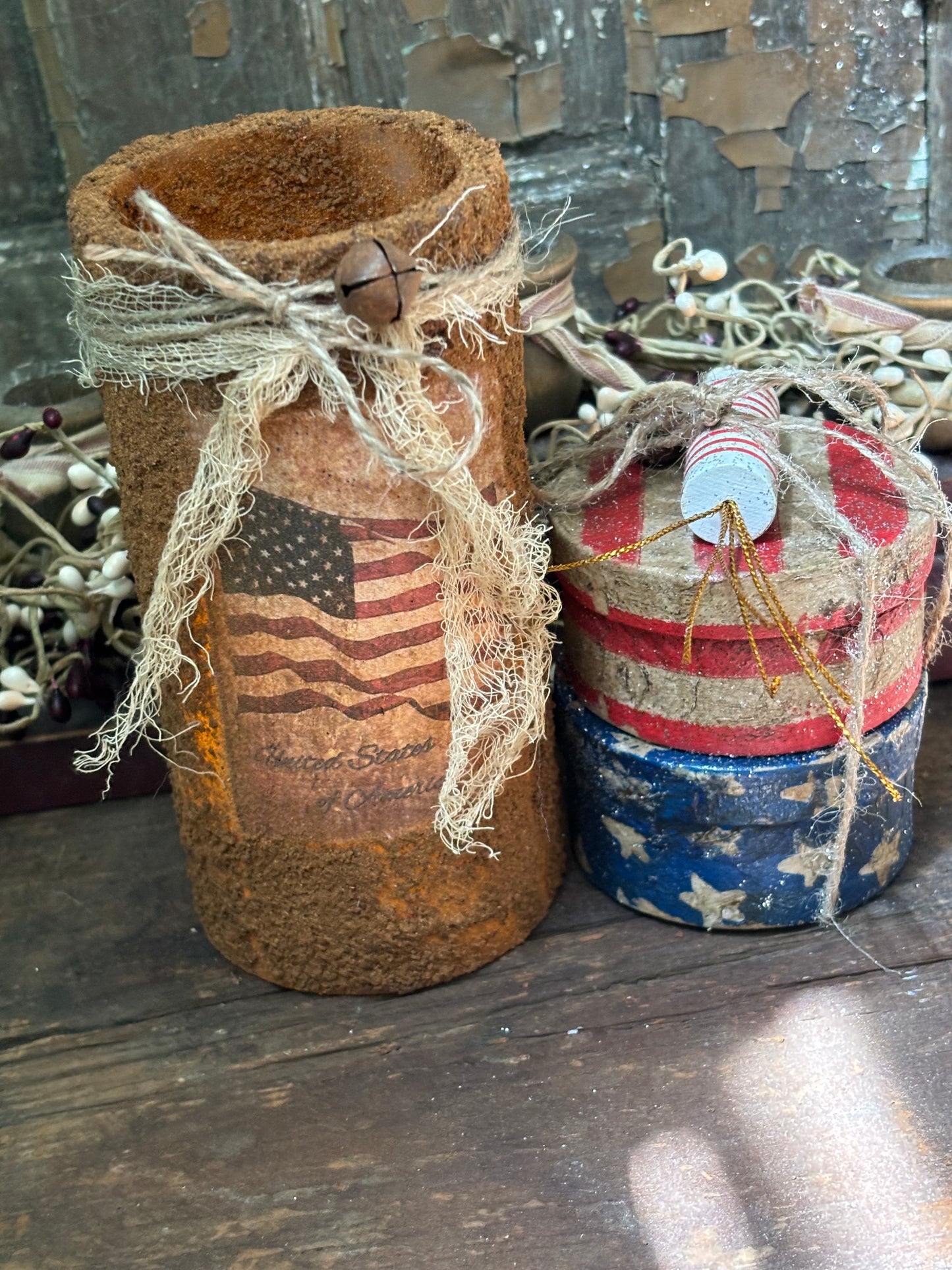 Primitive Patriotic Grubby Pillar Candle, Battery Operated Primitive Candle, Handmade Grubby Candle, Farmhouse Decor, Americana Patriotic