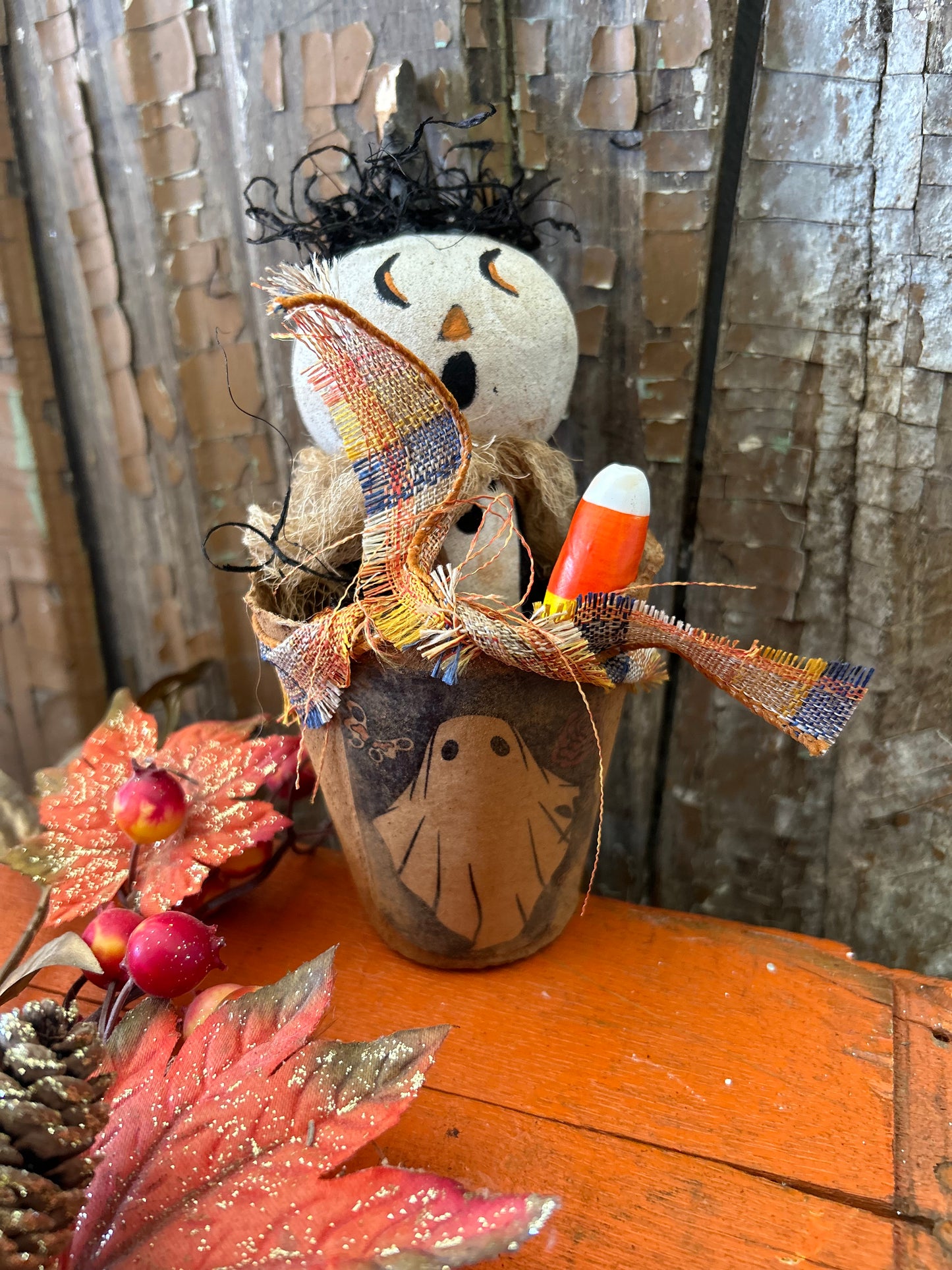 Primitive Pumpkin Patch Ghost Doll, Primitive Pumpkin Decor, Grubby Bucket Pumpkin Man, Fall and Autumn Decor, Folk Art