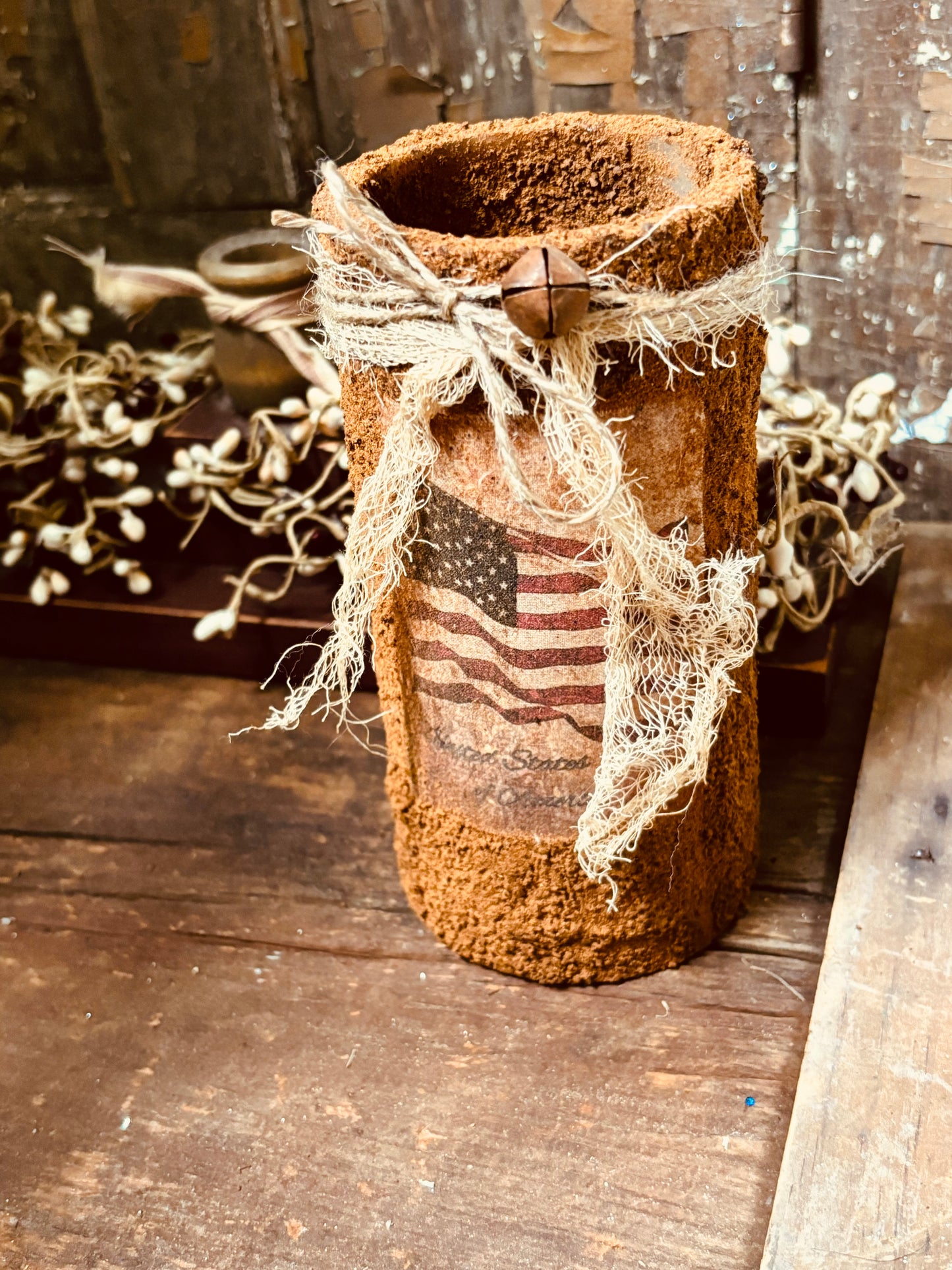 Primitive Patriotic Grubby Pillar Candle, Battery Operated Primitive Candle, Handmade Grubby Candle, Farmhouse Decor, Americana Patriotic