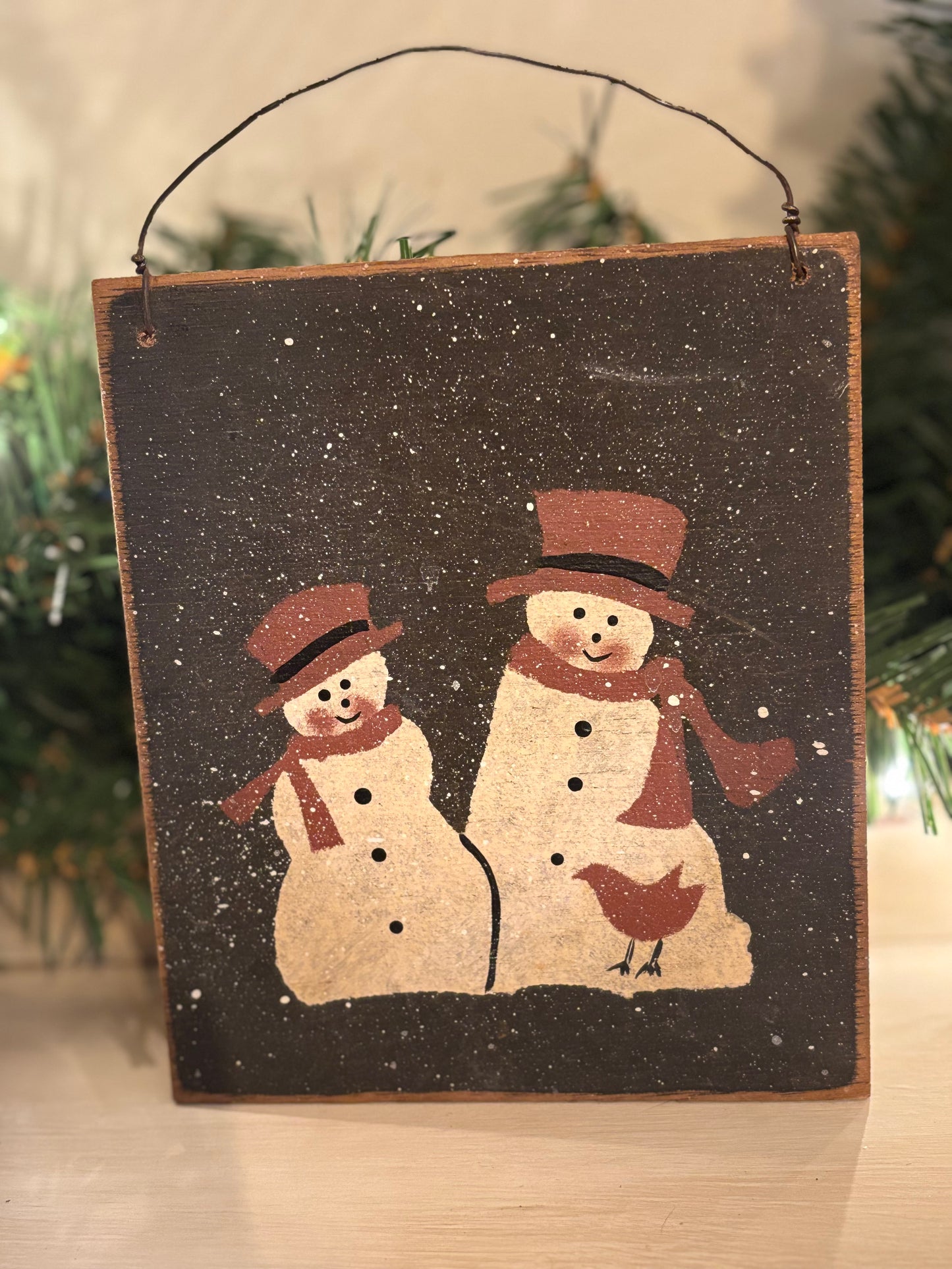 Hand painted Primitive Snowman Wooden Ornament, Rustic hand painted Christmas Ornament