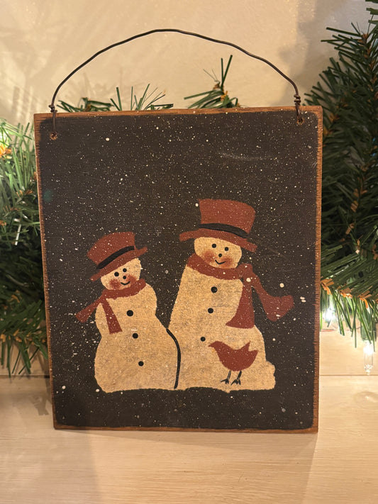 Hand painted Primitive Snowman Wooden Ornament, Rustic hand painted Christmas Ornament