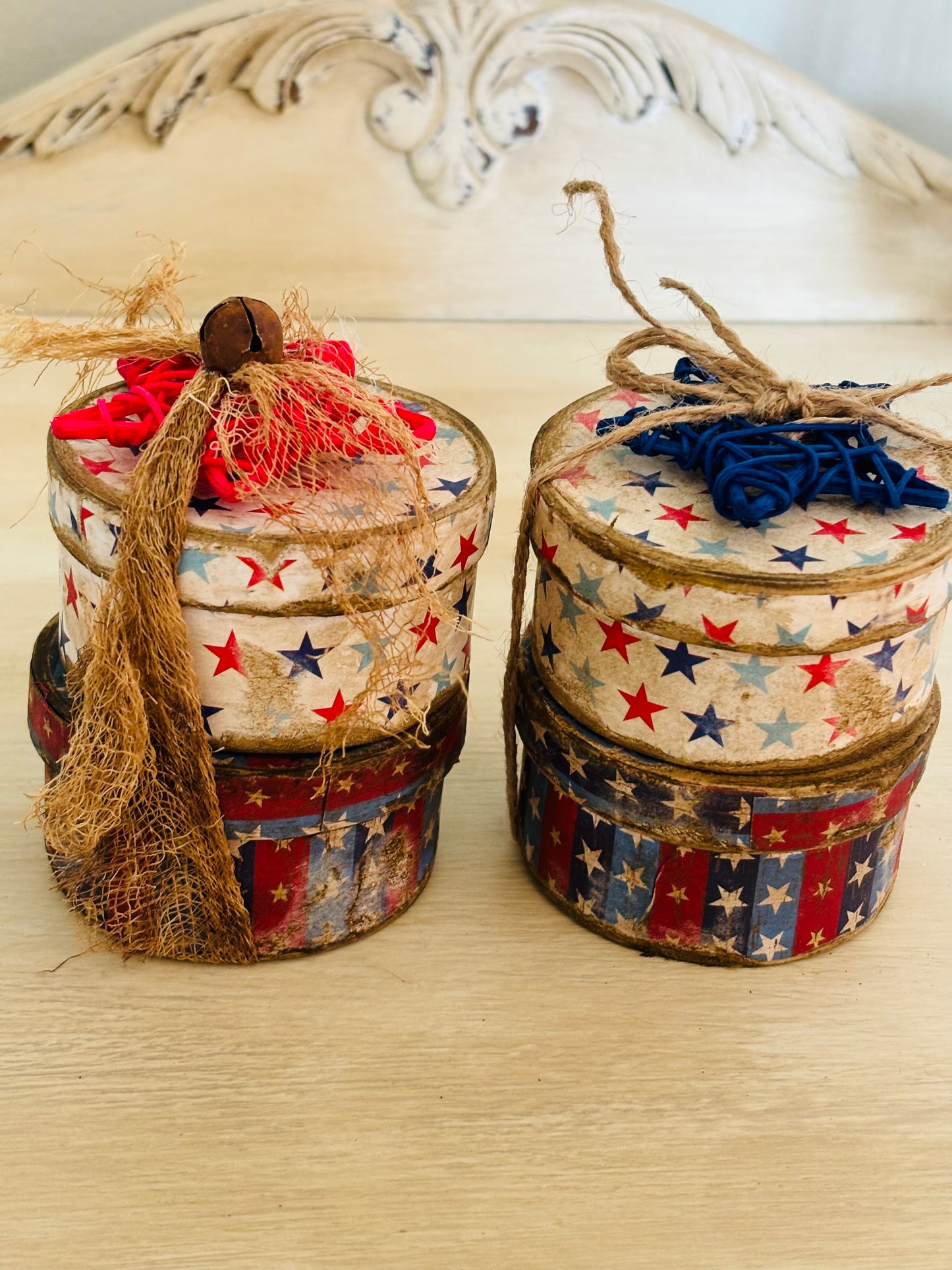 Primitive Handmade Americana Patriotic Stacking Boxes, Patriotic Paper Mache Shaker Boxes, Patriotic Stacking Box, Fourth of July Decor