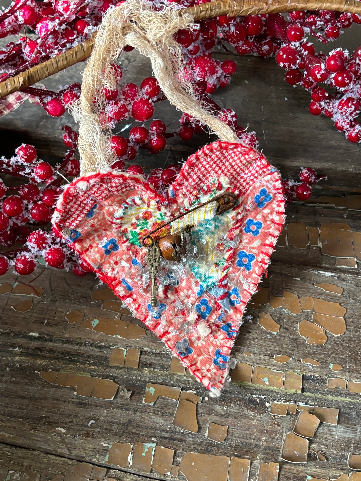 Primitive Valentines Day Heart, Antique Feed Sack Fabric Heart, Heart Ornie, Hanging Heart Ornament, Primitive Farmhouse, Quilted Heart