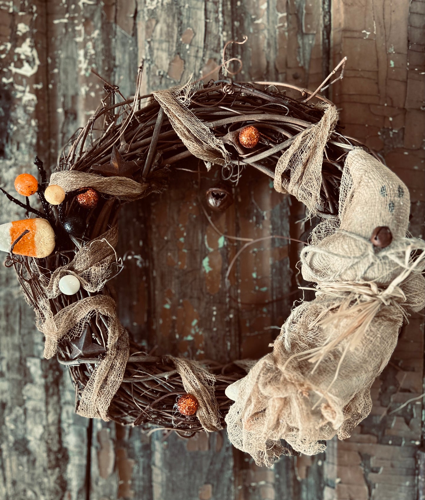 Primitive Rustic Halloween Wreath, Farmhouse Fall Wreath, Rustic Spooky Ghost Wreath, Fall Decor, Halloween Decor