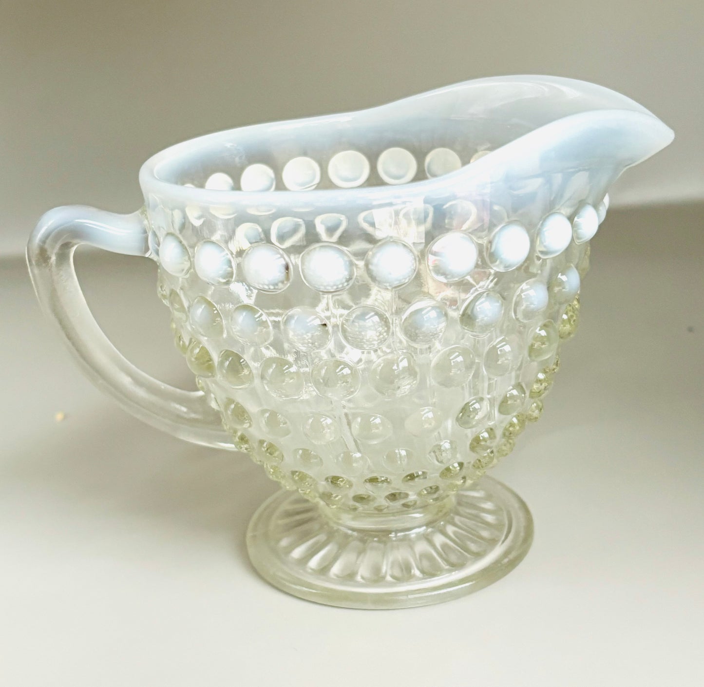 Vintage Fenton White Opalescent Moonstone Hobnail Glass Creamer Pitcher, Rare Fenton Signed