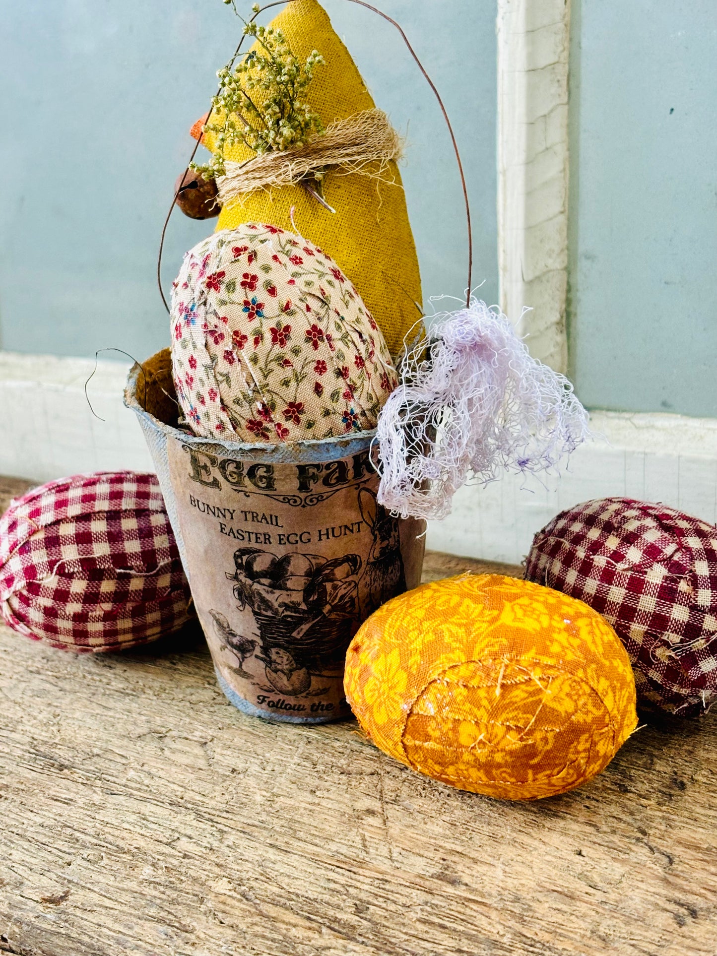 Primitive Easter Spring Bunny Egg, Primitive Handmade Easter Egg, Primitive Spring Chick and Peat Pot Display