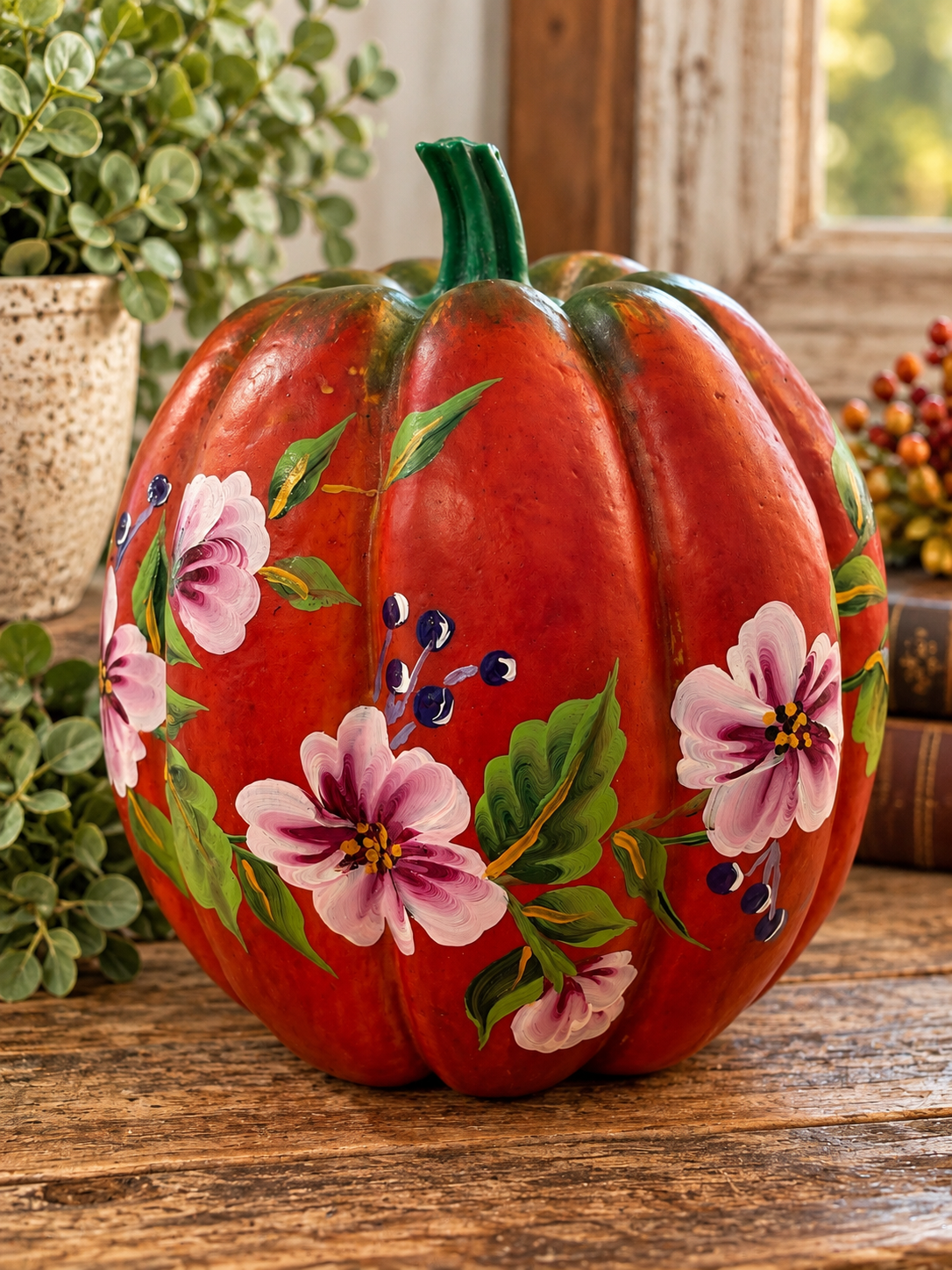 Hand Painted Floral Pumpkin Fall Decor Red Orange Folk Art Autumn Decoration