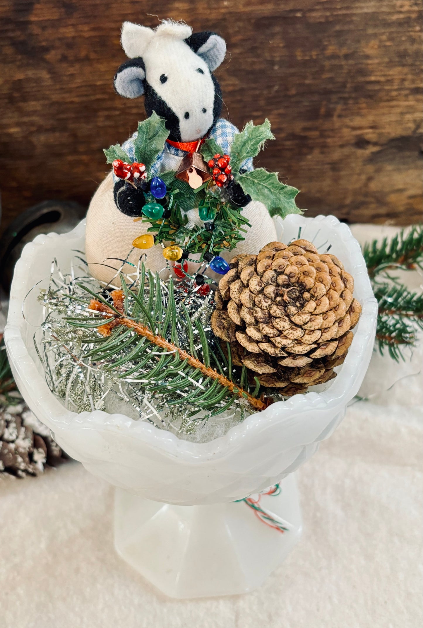 Vintage Christmas Tree Tabletop Arrangement Centerpiece in Milk Glass Vase, Christmas Vignette display, Vintage Christmas Scene Mid Century Christmas, Holiday Gift