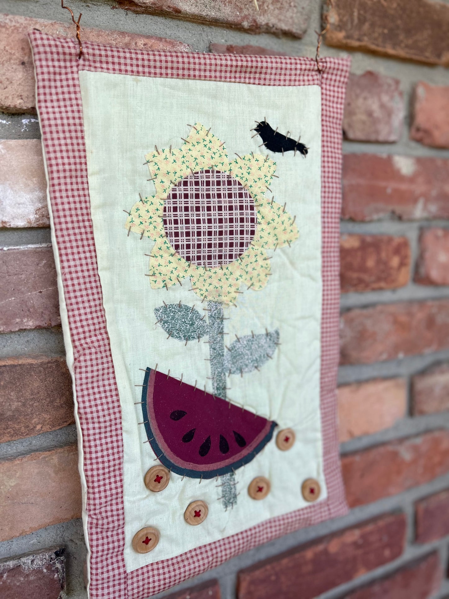 Primitive Summer Quilt Hanging Tapastry, Quilted Wall Decor, Crow and Watermelon, Quilted Hanging Decor