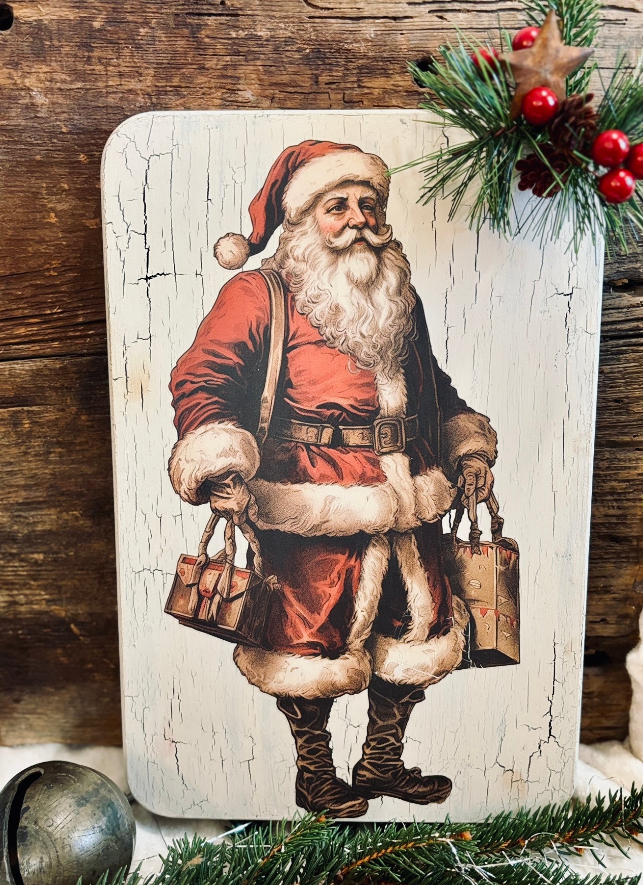 Primitive Christmas Santa, Vintage Style, Holly, Farmhouse Handcrafted Plaque / Santa Claus Plaque Shelf Sitter