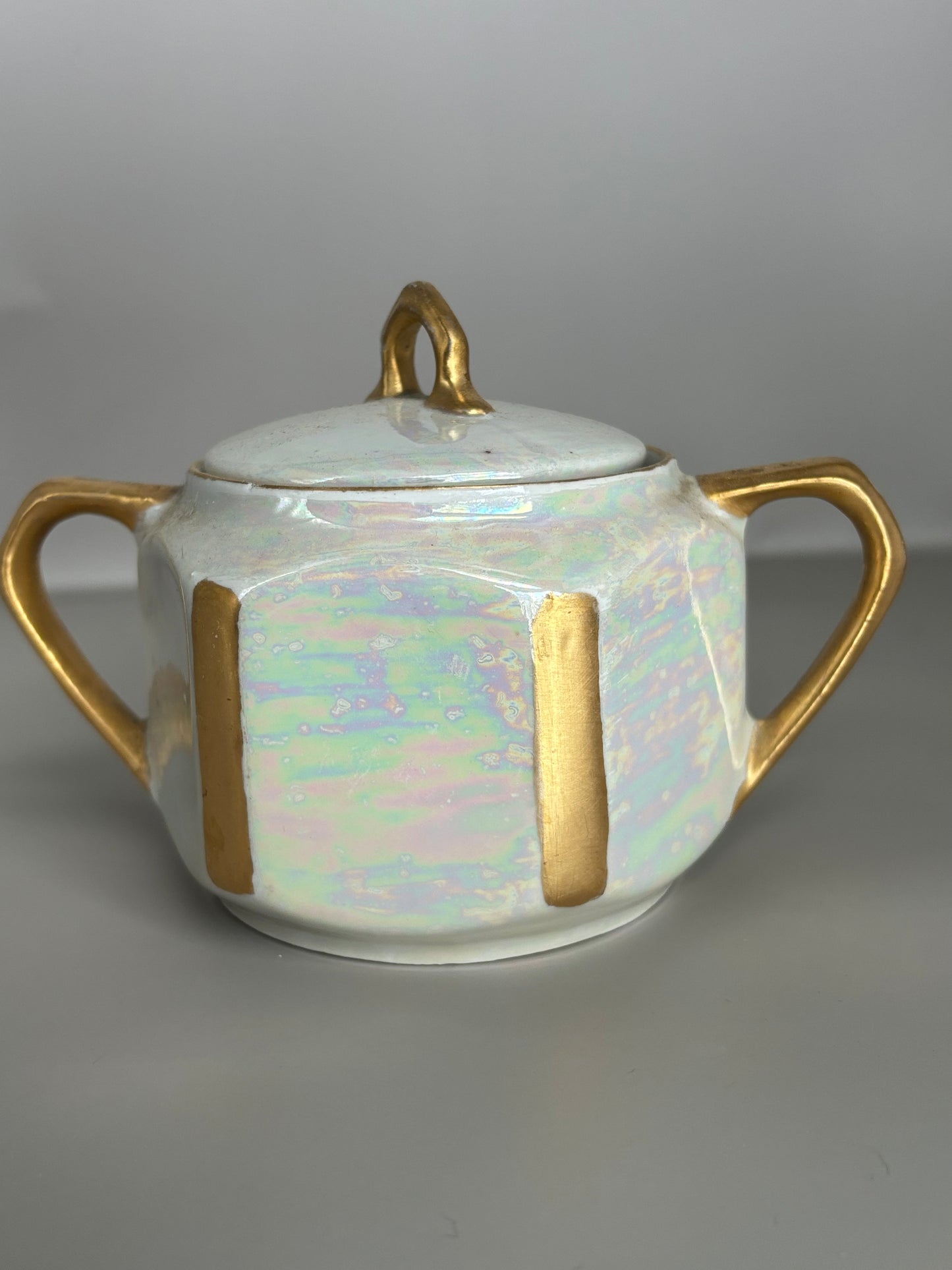 NPS Silesia | Reinhold Schlegelmilch pearlized lusterware iridescent covered handled sugar bowl, Art Deco Sugar Bowl