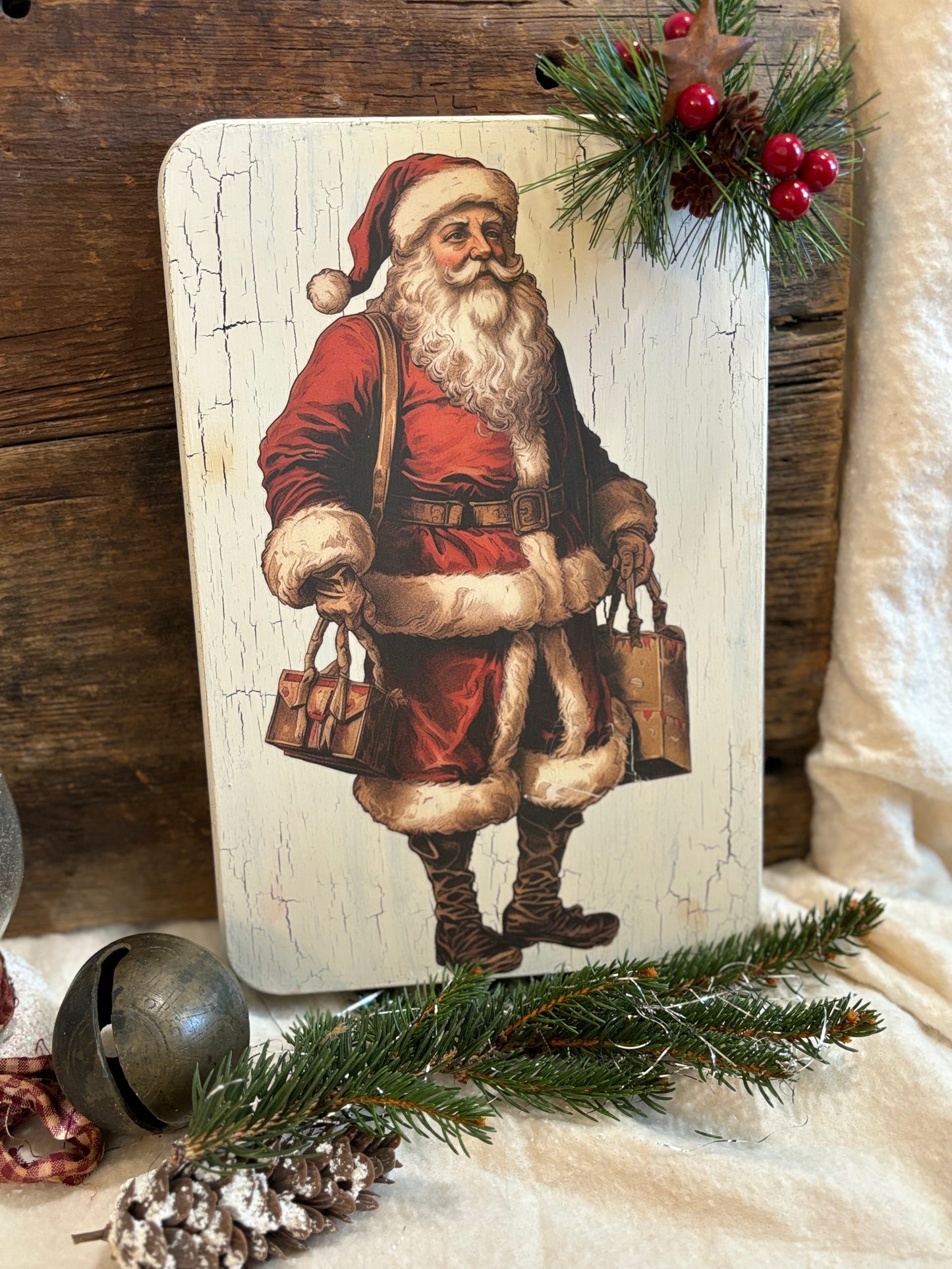 Primitive Christmas Santa, Vintage Style, Holly, Farmhouse Handcrafted Plaque / Santa Claus Plaque Shelf Sitter