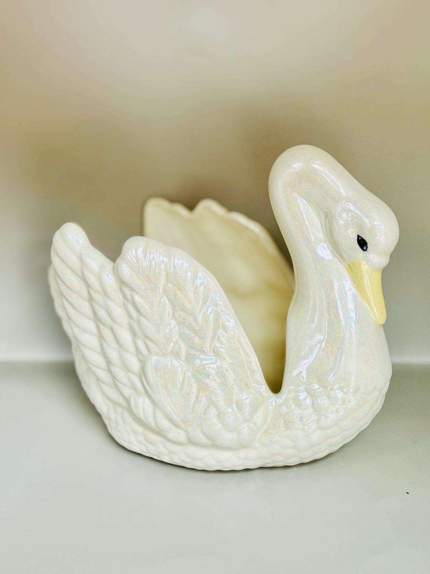 Vintage White Iridescent Swan Planter pearlescent Swan figurine, Vintage Handmade SIGNED Planter