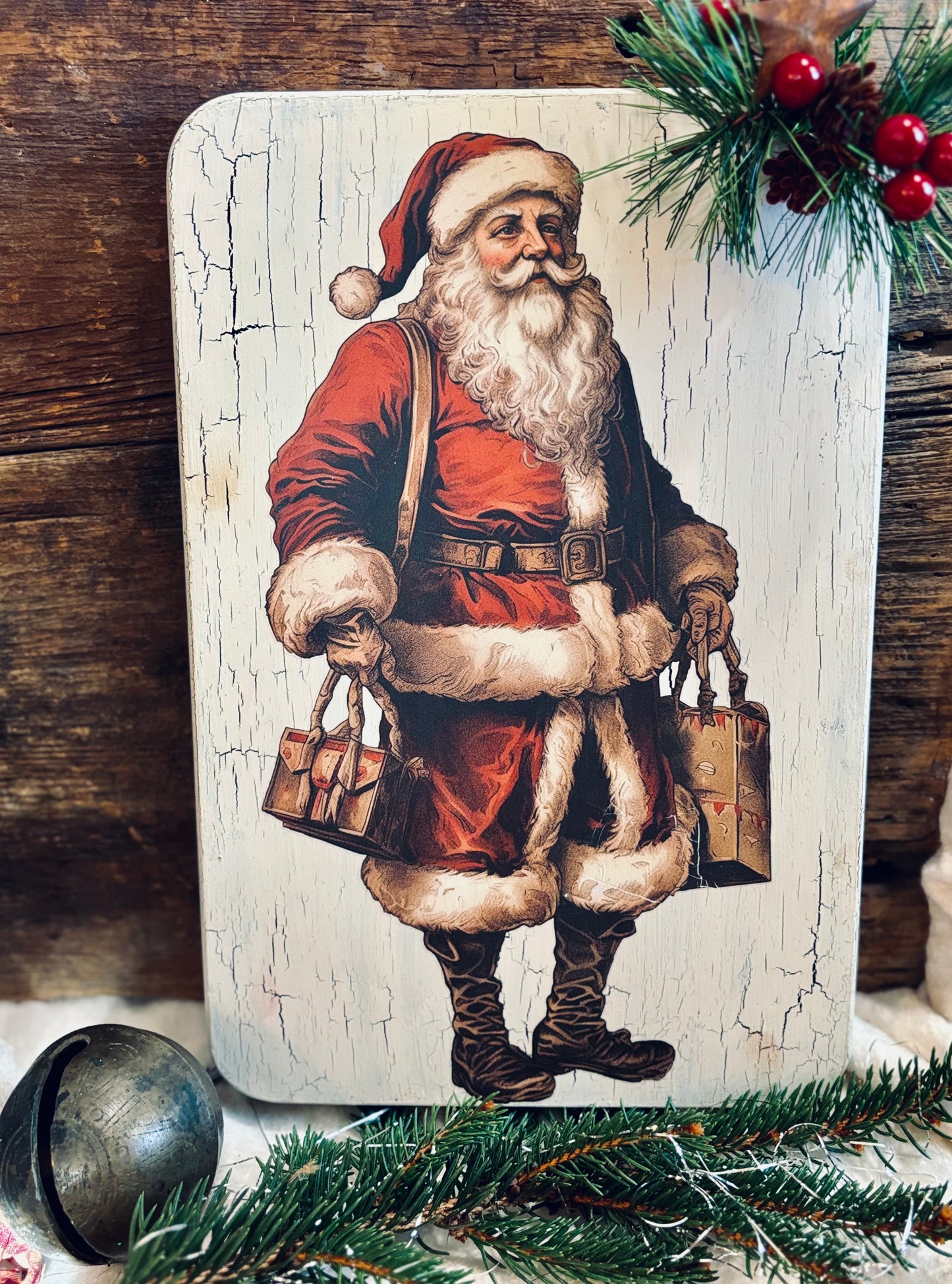 Primitive Christmas Santa, Vintage Style, Holly, Farmhouse Handcrafted Plaque / Santa Claus Plaque Shelf Sitter