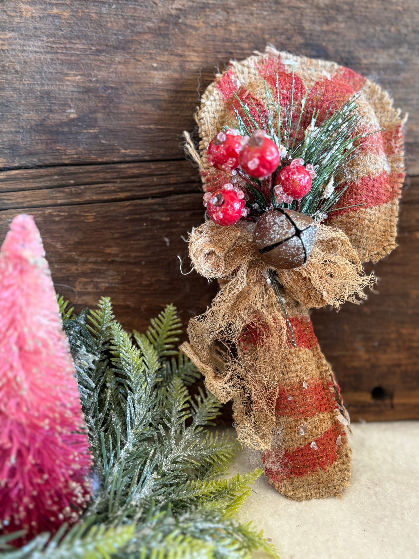 Handmade Primitive Burlap Candy Cane ornies, Farmhouse Christmas, Rustic Christmas Decor, Candy Cane Decorations