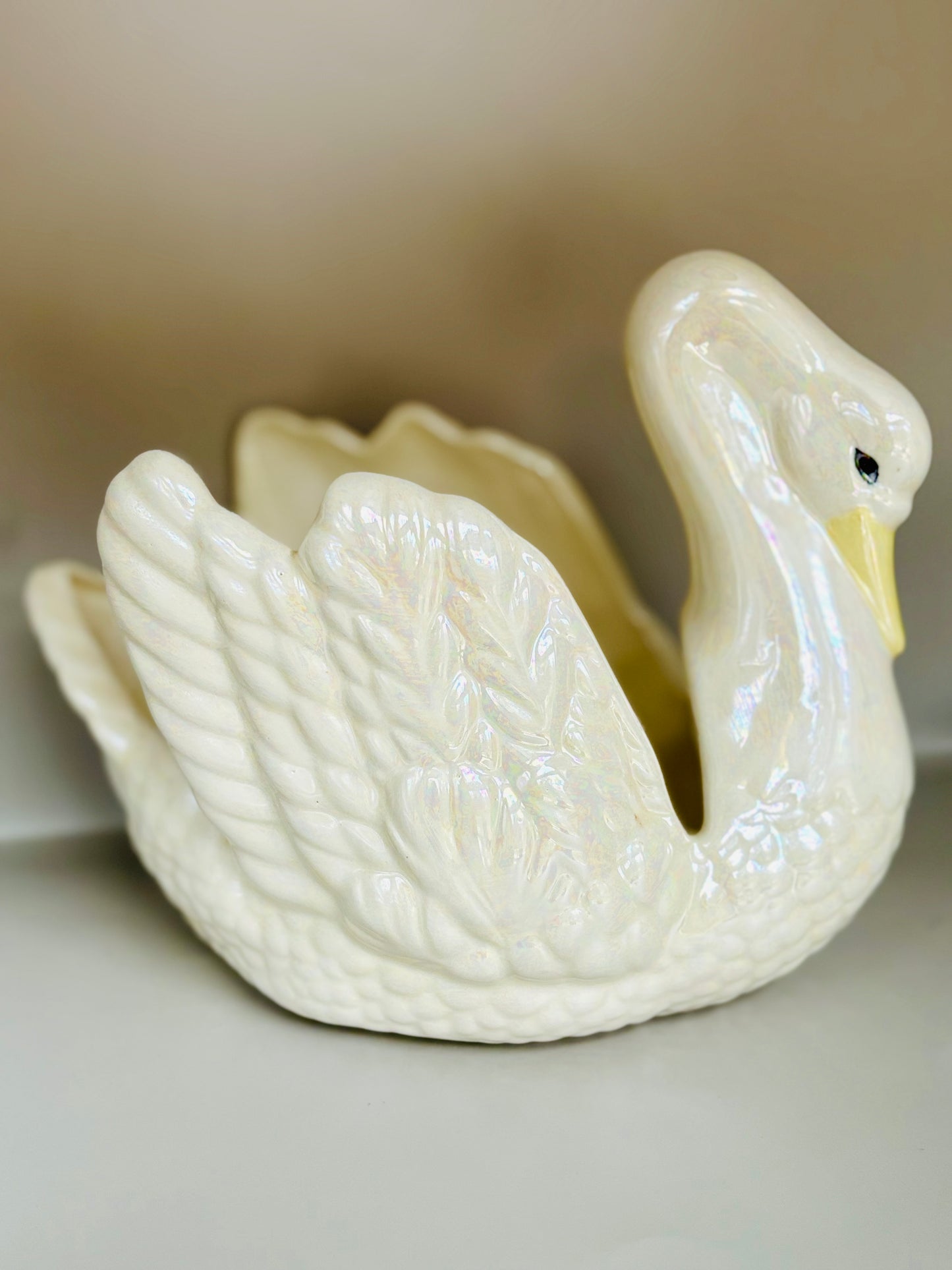 Vintage White Iridescent Swan Planter pearlescent Swan figurine, Vintage Handmade SIGNED Planter