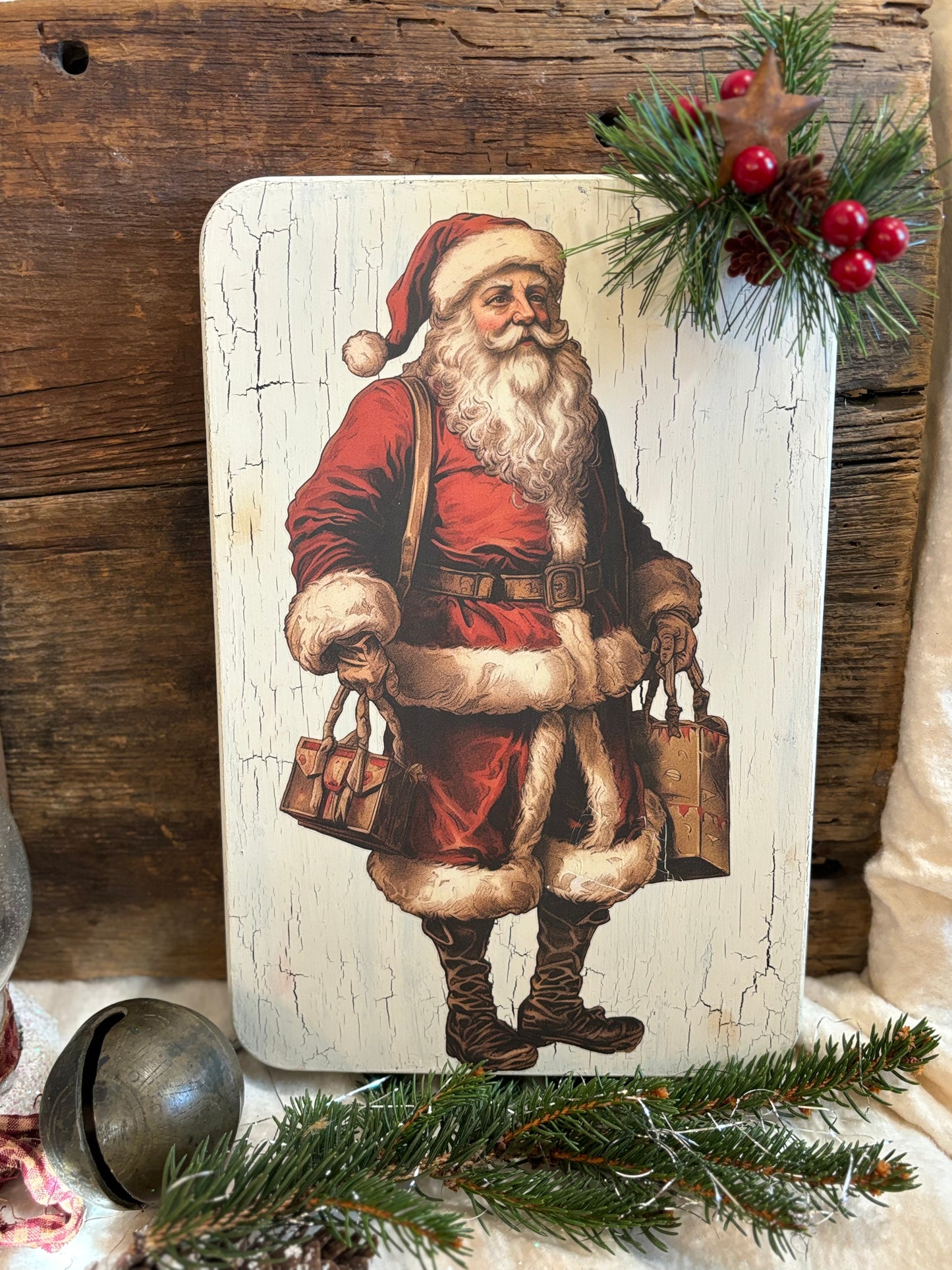 Primitive Christmas Santa, Vintage Style, Holly, Farmhouse Handcrafted Plaque / Santa Claus Plaque Shelf Sitter