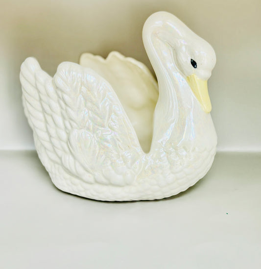 Vintage White Iridescent Swan Planter pearlescent Swan figurine, Vintage Handmade SIGNED Planter