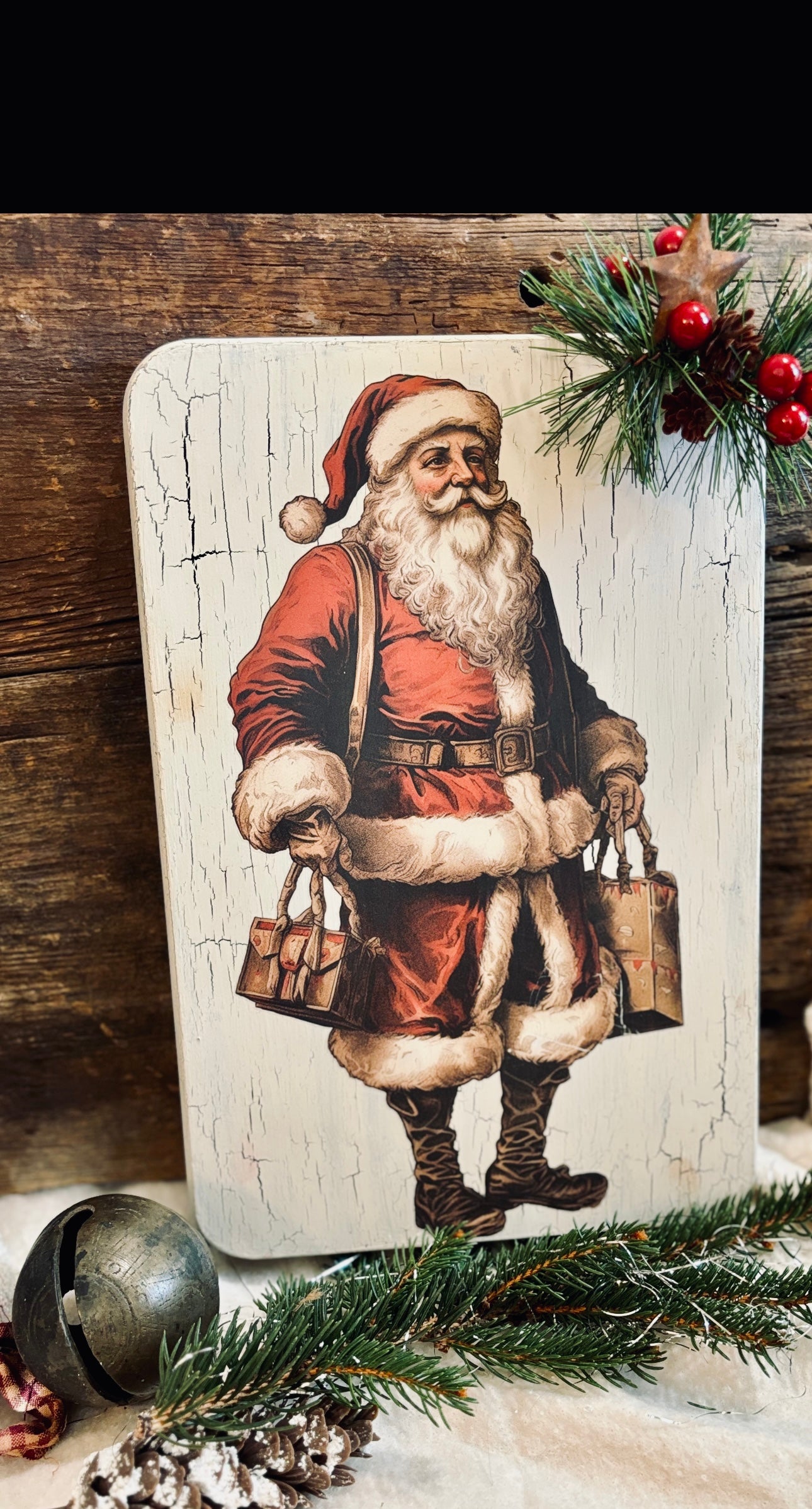 Primitive Christmas Santa, Vintage Style, Holly, Farmhouse Handcrafted Plaque / Santa Claus Plaque Shelf Sitter