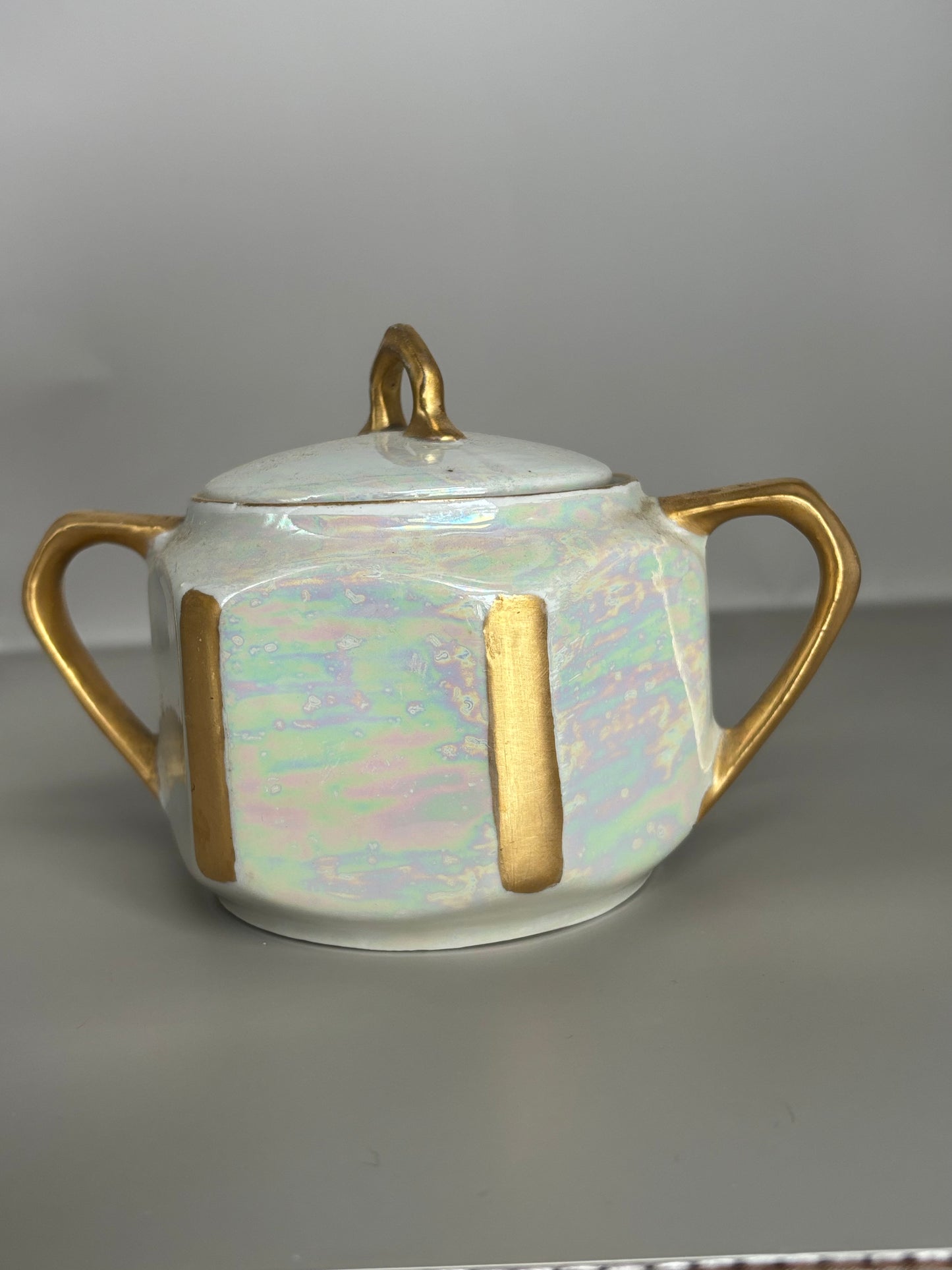 NPS Silesia | Reinhold Schlegelmilch pearlized lusterware iridescent covered handled sugar bowl, Art Deco Sugar Bowl