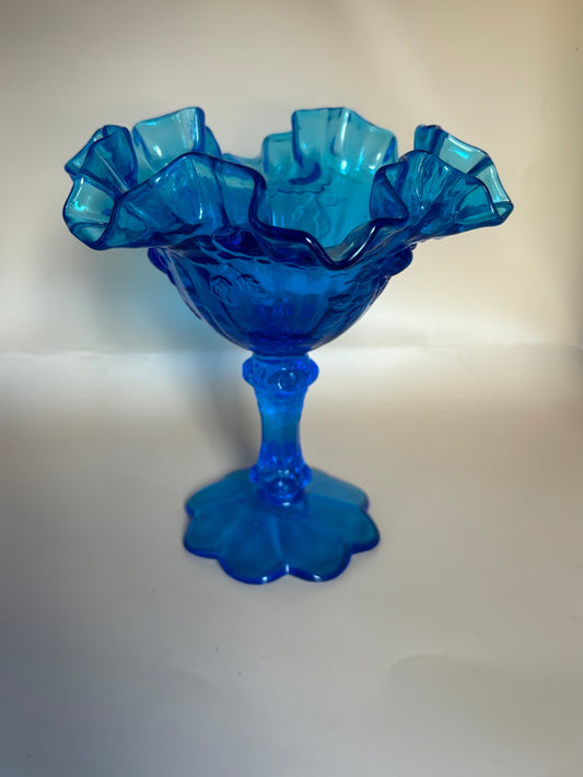 Vintage Fenton Electric Blue Ruffled Candy Dish Raised Compote 1968 raised roses & ruffled top