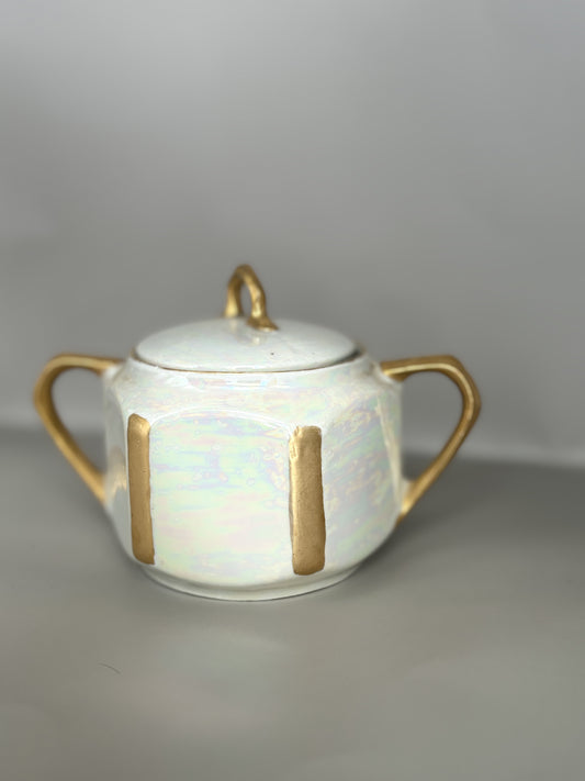 NPS Silesia | Reinhold Schlegelmilch pearlized lusterware iridescent covered handled sugar bowl, Art Deco Sugar Bowl