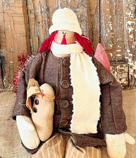 Primitive Handmade Raggedy Ann Doll, Handmade Winter Doll, Snowman Doll, Primitive Christmas Handmade, Handmade Doll, Christmas Holiday