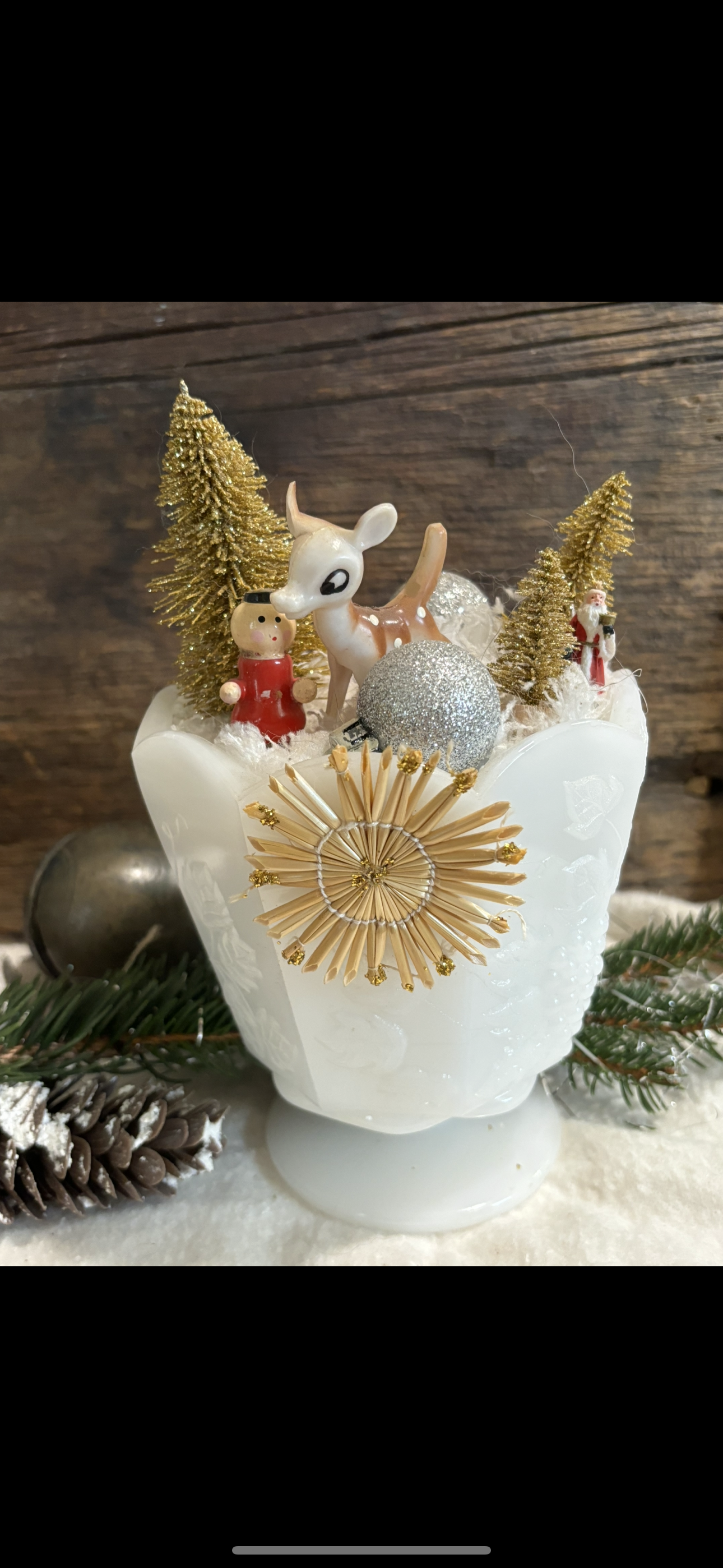 Vintage Christmas Tree Tabletop Arrangement Centerpiece in Milk Glass Vase, Christmas Vignette display, Vintage Christmas Scene Mid Century Christmas, Holiday Gift