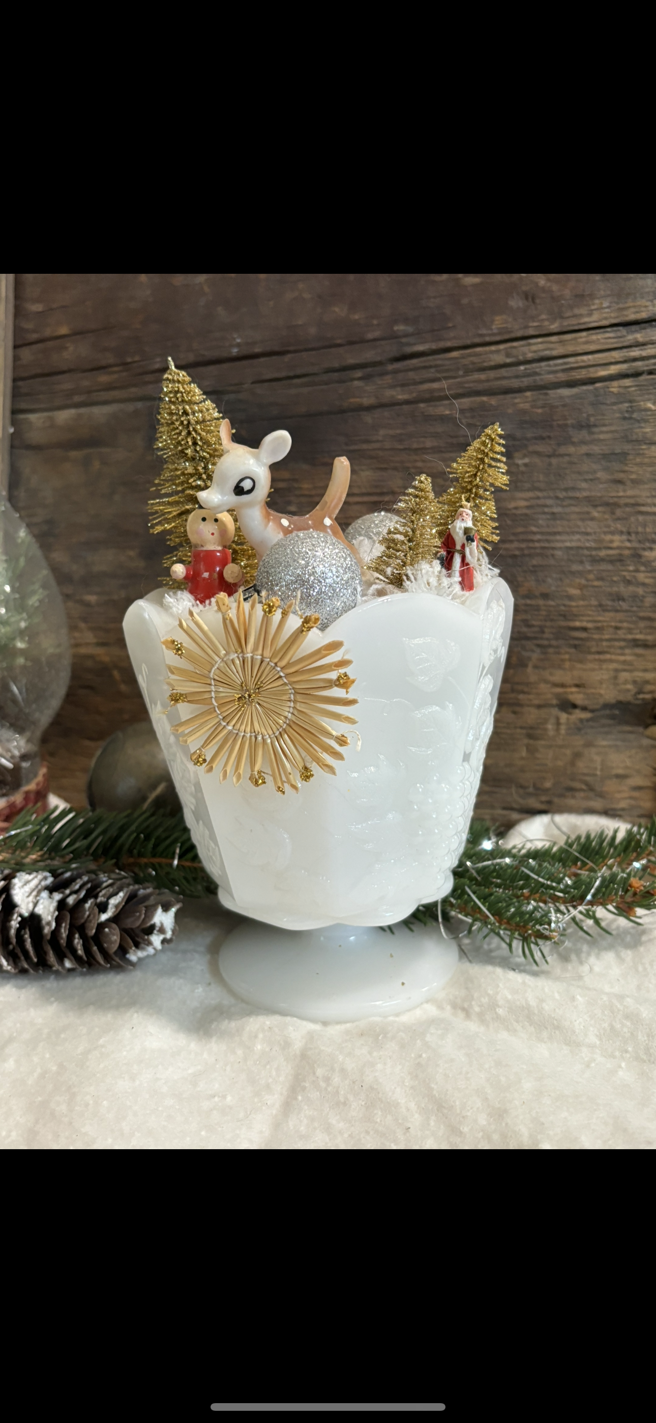 Vintage Christmas Tree Tabletop Arrangement Centerpiece in Milk Glass Vase, Christmas Vignette display, Vintage Christmas Scene Mid Century Christmas, Holiday Gift