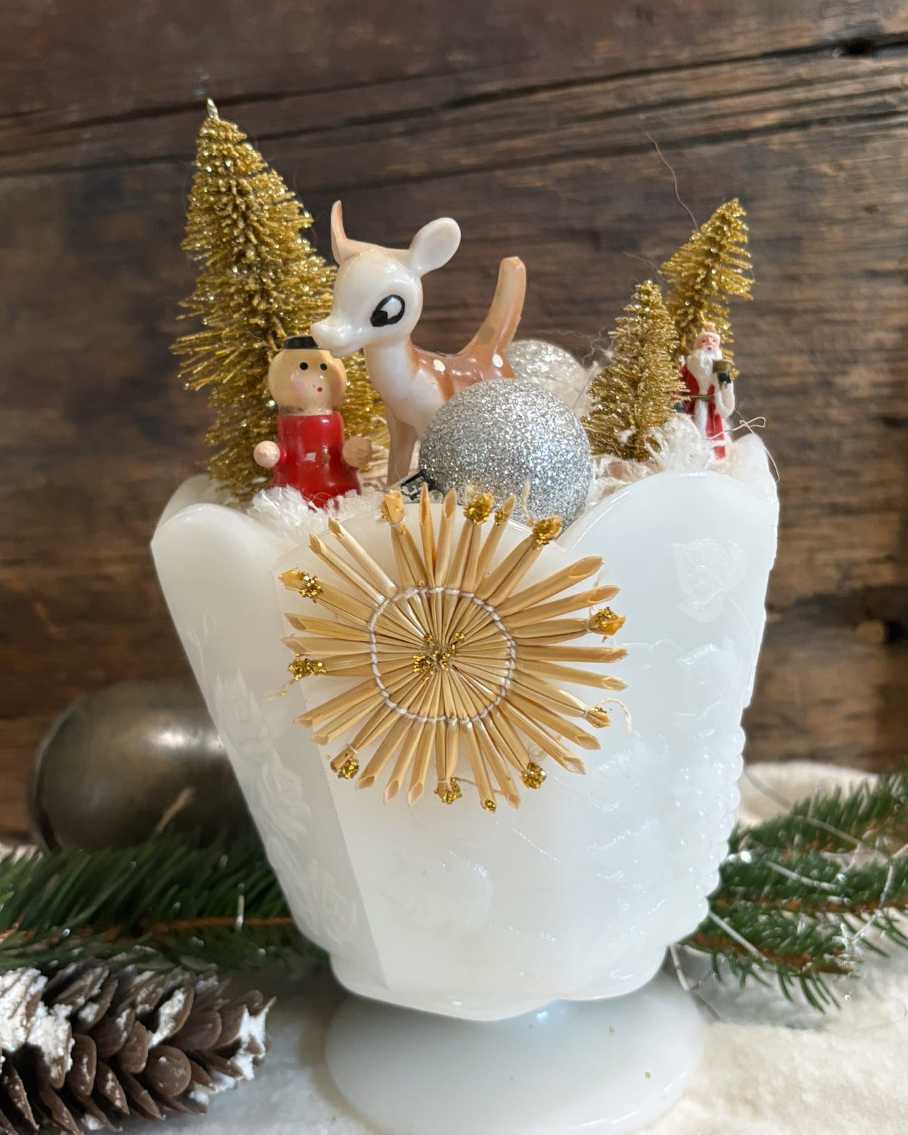 Vintage Christmas Tree Tabletop Arrangement Centerpiece in Milk Glass Vase, Christmas Vignette display, Vintage Christmas Scene Mid Century Christmas, Holiday Gift