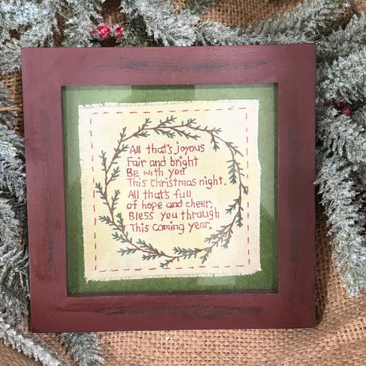 Hand stitched Christmas Embroidered frame wall decor, Primitive Christmas Embroidery Poem