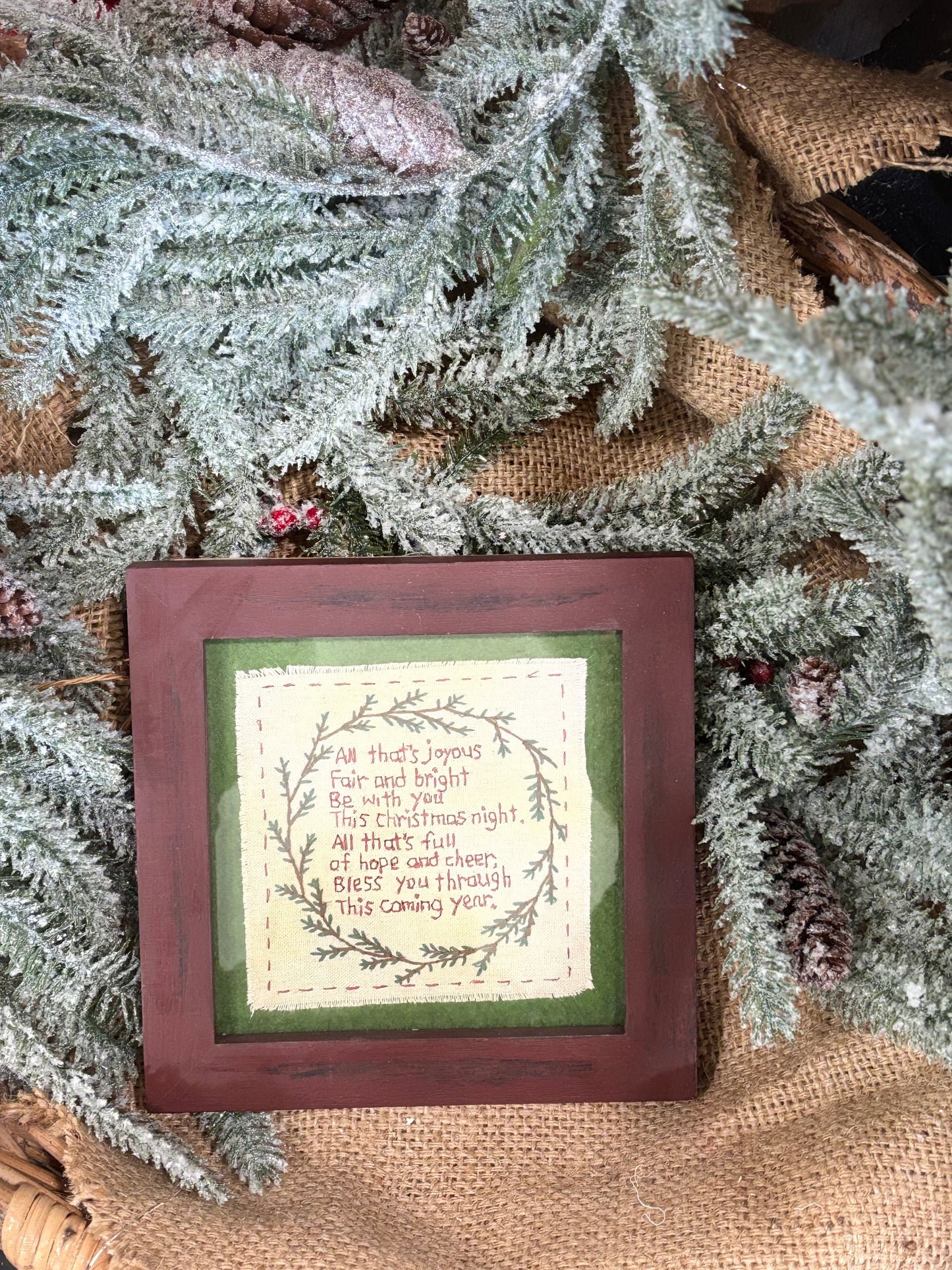 Hand stitched Christmas Embroidered frame wall decor, Primitive Christmas Embroidery Poem
