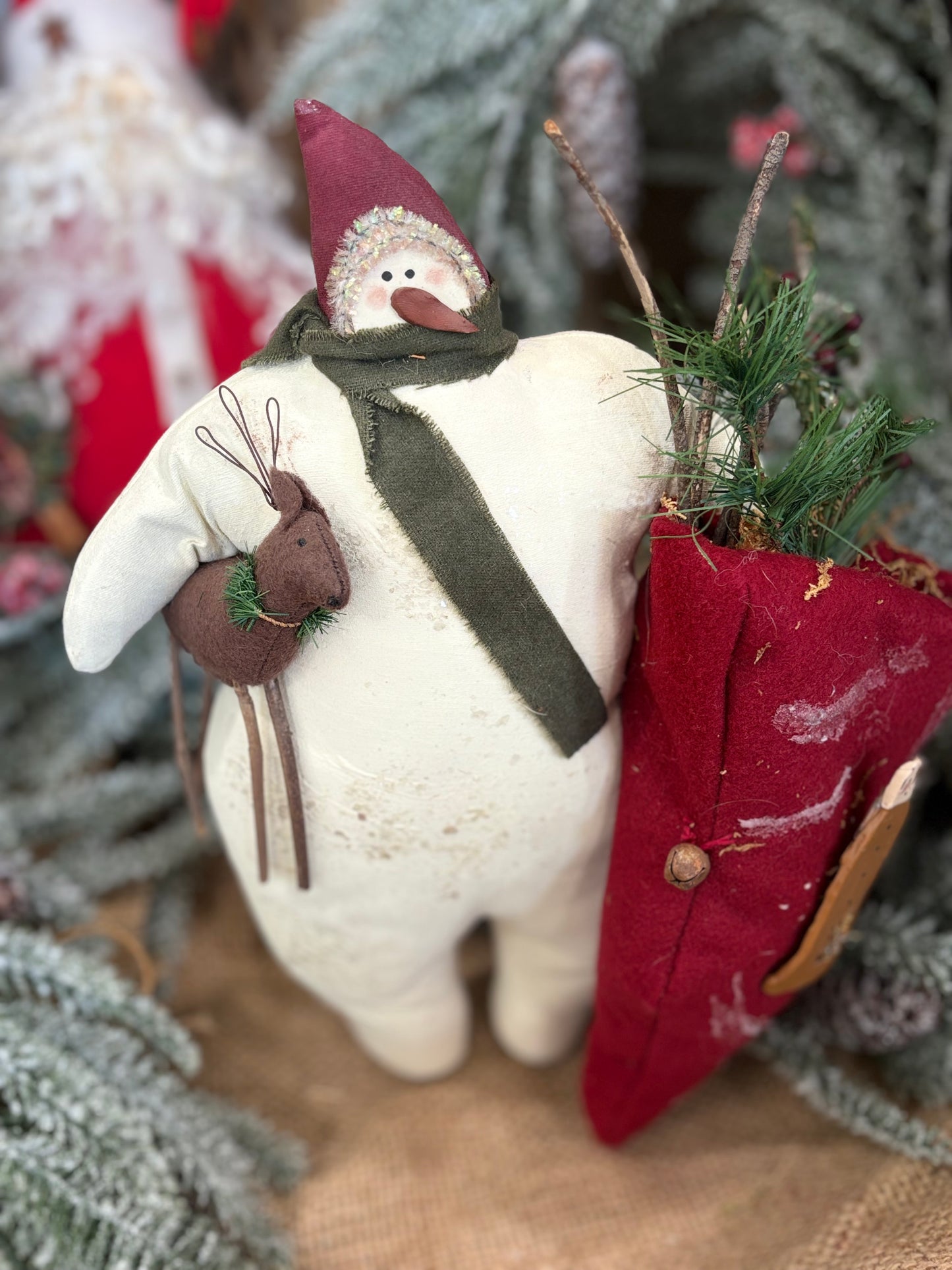 Handmade Primitive Snowman Doll: Rustic Farmhouse Christmas Decor