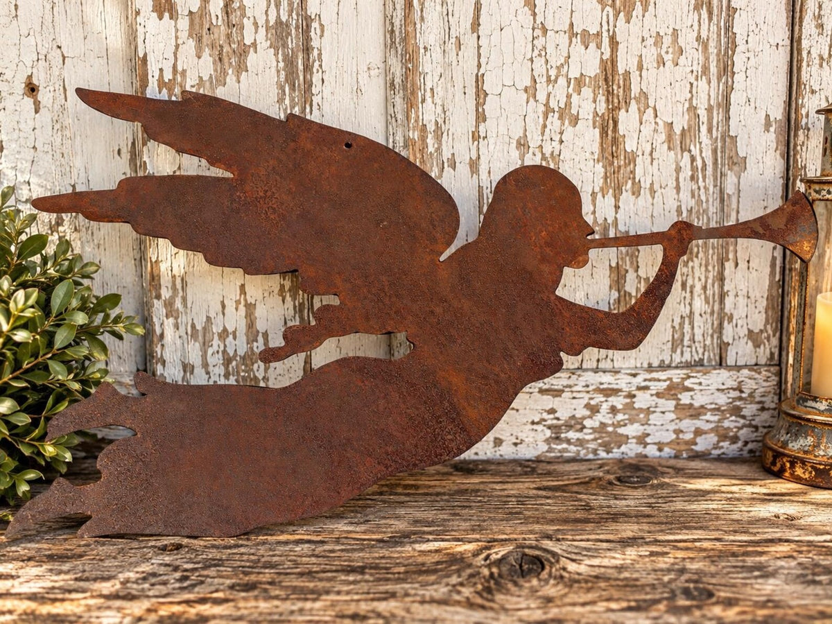 Rustic Metal Trumpet Angel – Primitive Farmhouse Decor Christmas Angel Hanging