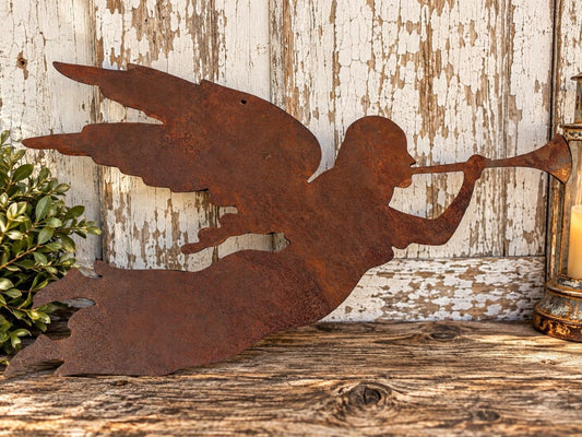 Rustic Metal Trumpet Angel – Primitive Farmhouse Decor Christmas Angel Hanging