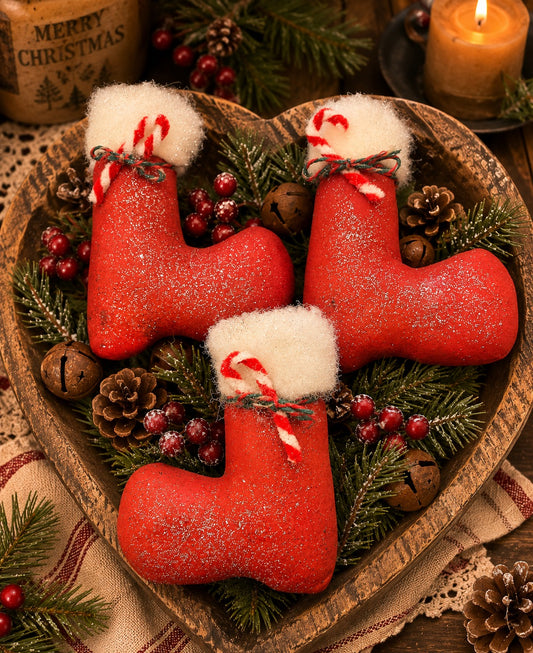 Primitive Christmas Santa Boot Ornaments – Handmade Rustic Bowl Fillers, Candy Cane Christmas Decor, Farmhouse Holiday Ornies