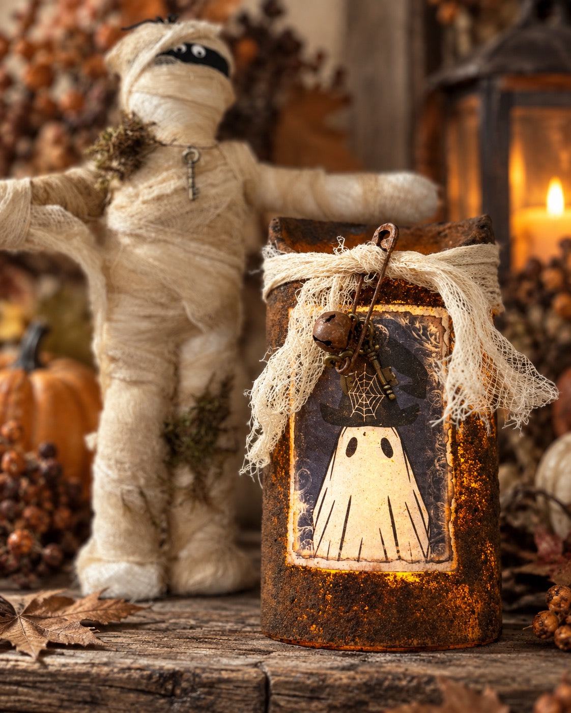 Primitive Halloween Grubby Pillar Candle, Battery Operated Primitive Candle, Handmade Grubby Candle, Autumn Decor, Halloween Ghost Decor